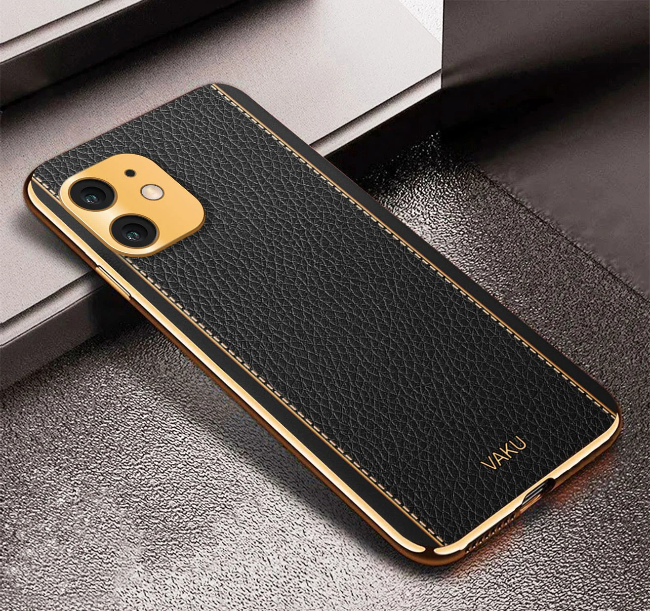 Vaku® For Apple iPhone 12 Luxemberg Series Leather Stitched Gold Electroplated Soft TPU Back Cover - Image 10