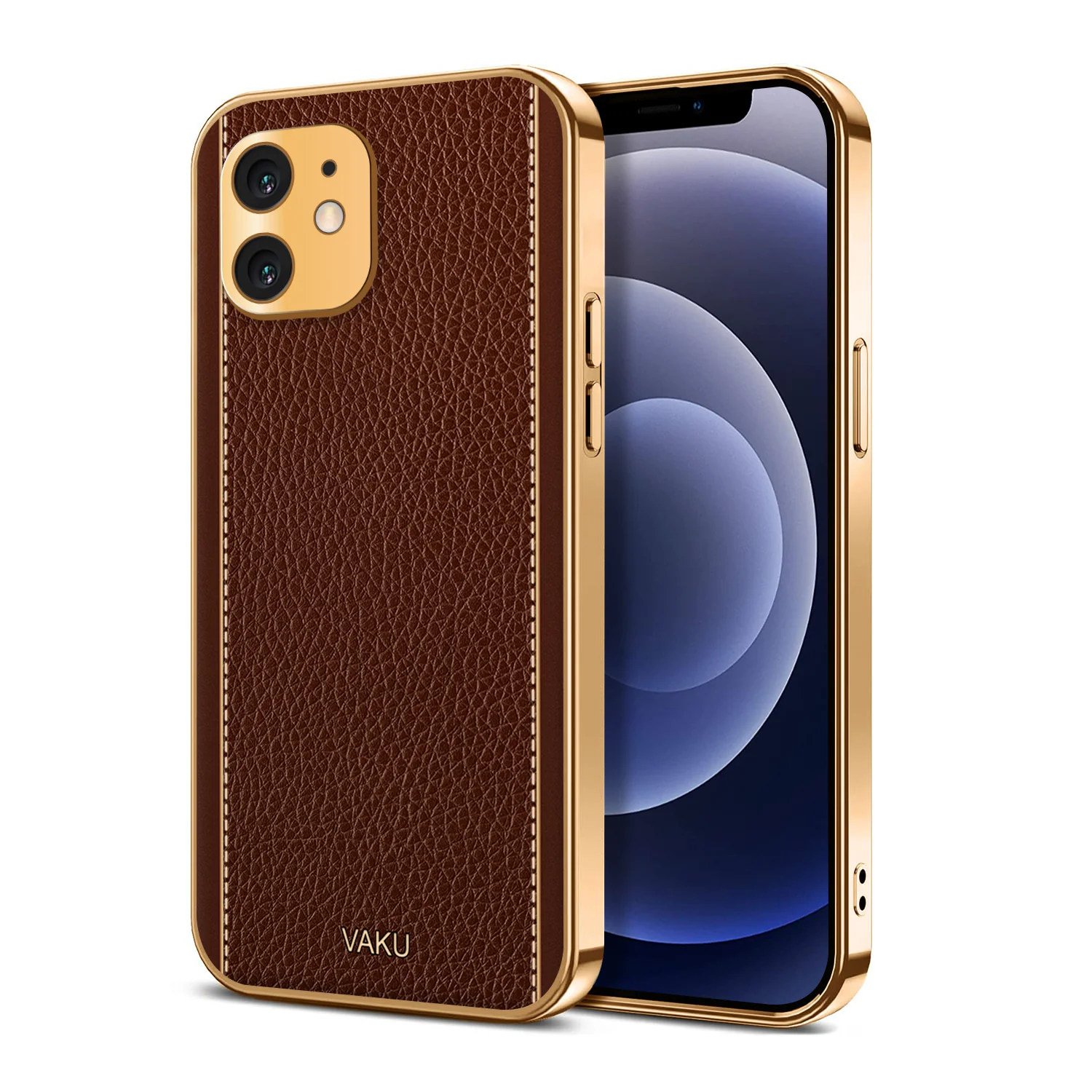 Vaku® For Apple iPhone 12 Luxemberg Series Leather Stitched Gold Electroplated Soft TPU Back Cover - Image 12