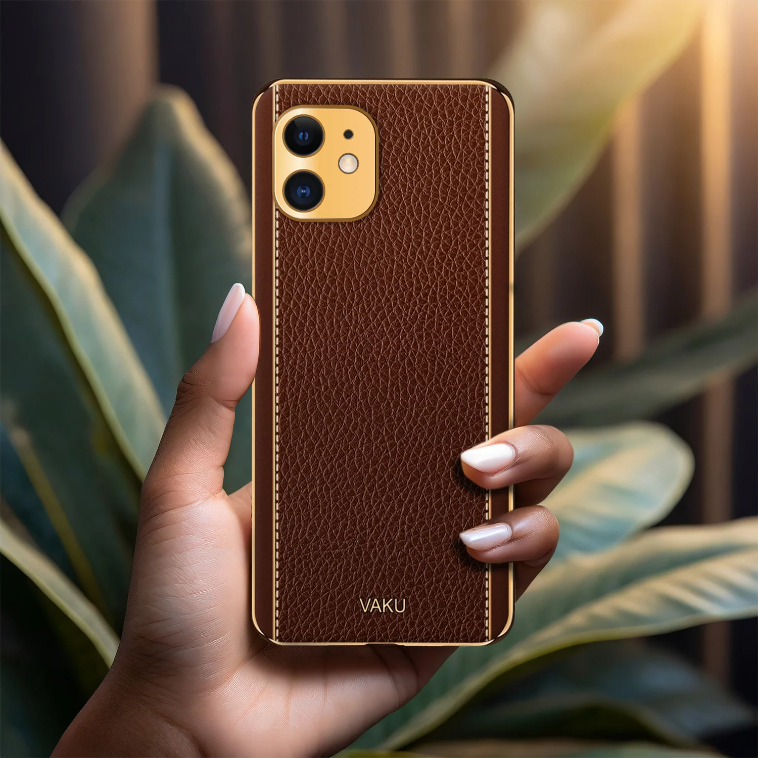 Vaku® For Apple iPhone 12 Luxemberg Series Leather Stitched Gold Electroplated Soft TPU Back Cover - Image 14