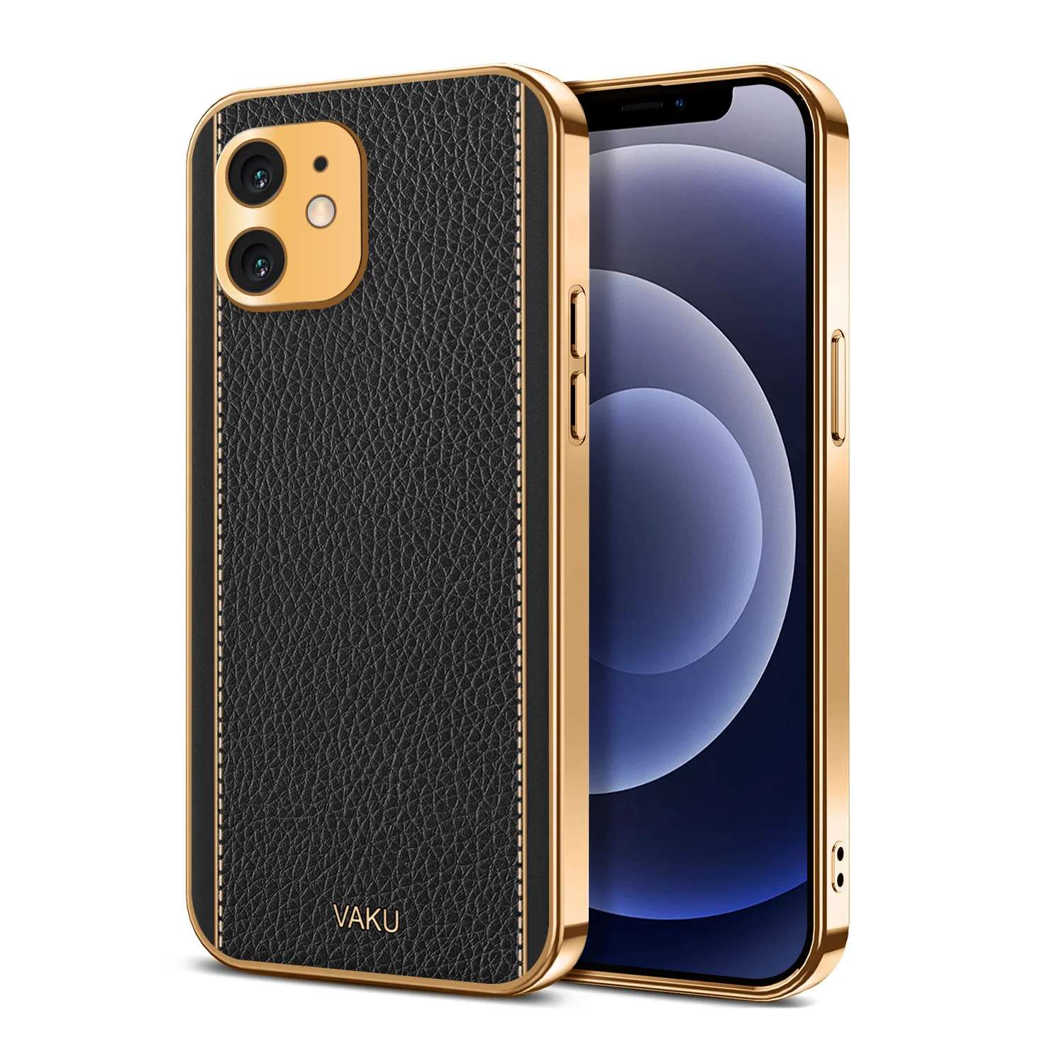 Vaku® For Apple iPhone 12 Luxemberg Series Leather Stitched Gold Electroplated Soft TPU Back Cover - Image 4