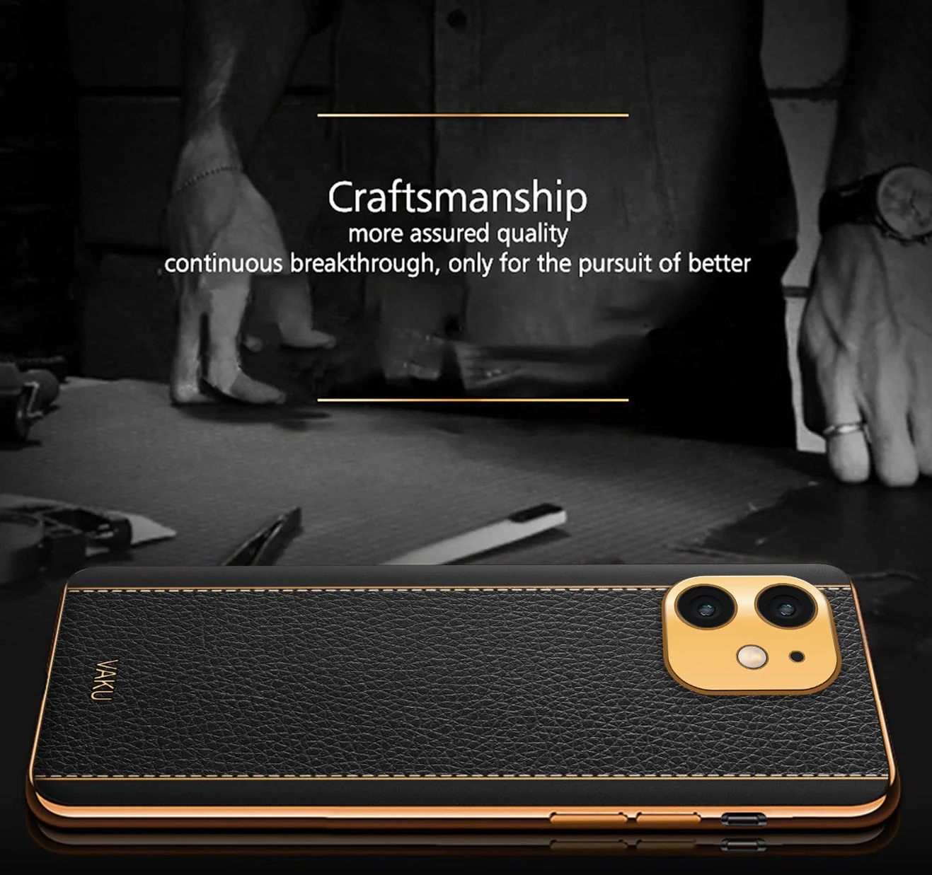 Vaku® For Apple iPhone 12 Luxemberg Series Leather Stitched Gold Electroplated Soft TPU Back Cover - Image 6
