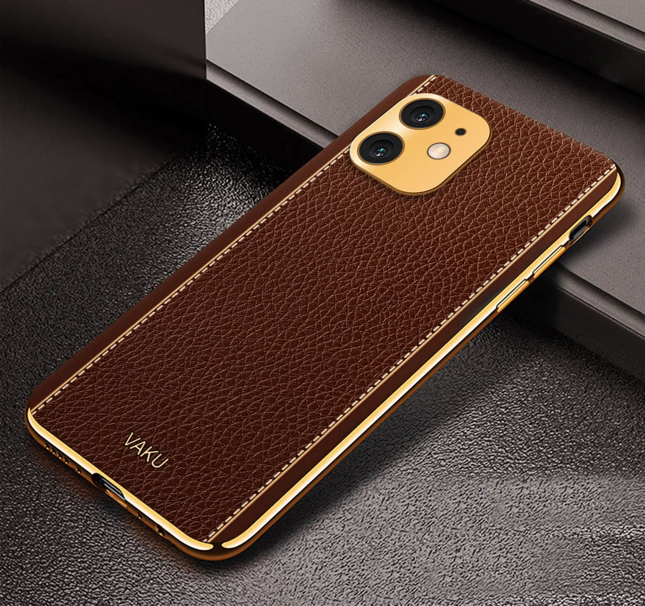 Vaku® For Apple iPhone 12 Luxemberg Series Leather Stitched Gold Electroplated Soft TPU Back Cover - Image 7