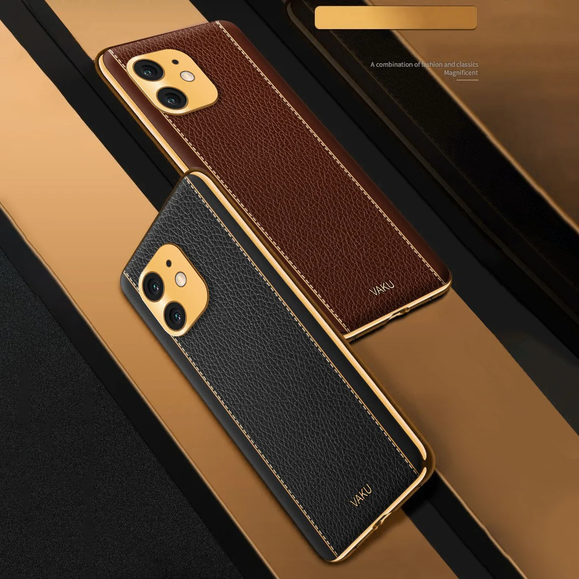 Vaku® For Apple iPhone 12 Luxemberg Series Leather Stitched Gold Electroplated Soft TPU Back Cover - Image 8
