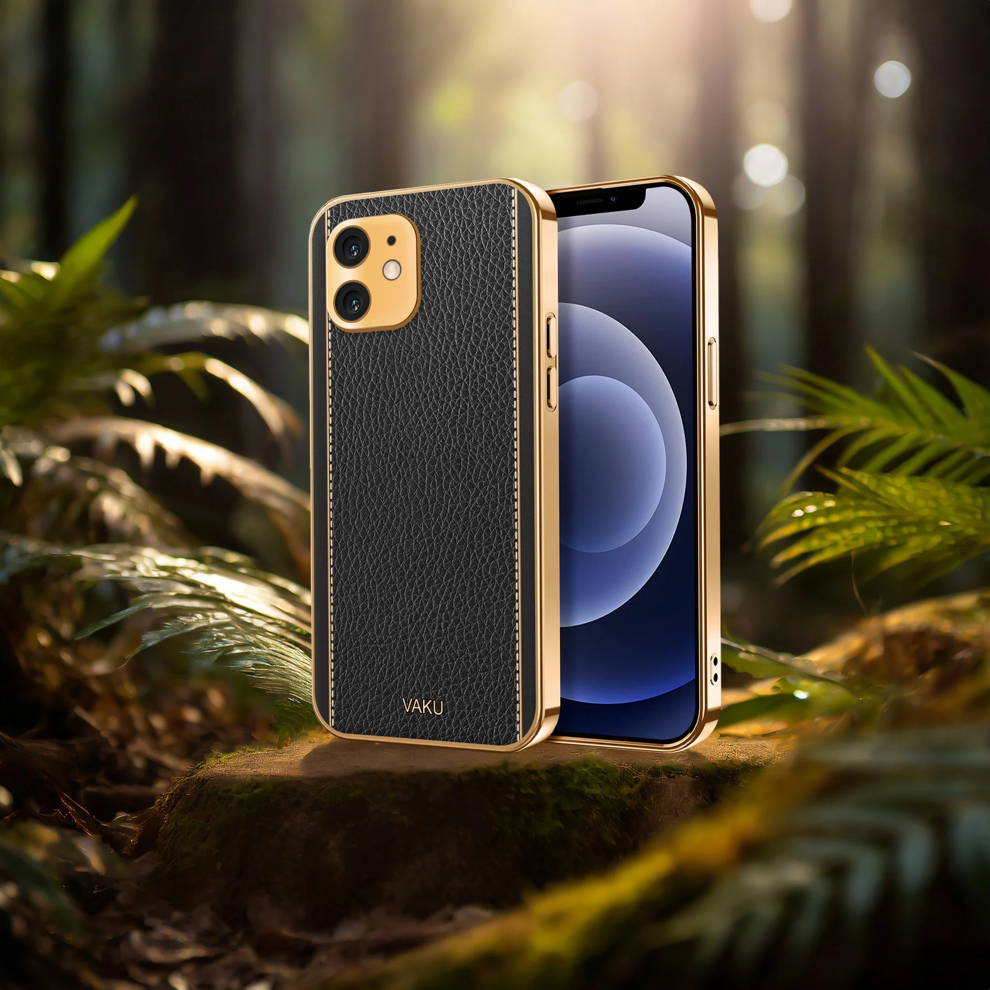 Vaku® For Apple iPhone 12 Luxemberg Series Leather Stitched Gold Electroplated Soft TPU Back Cover - Image 9