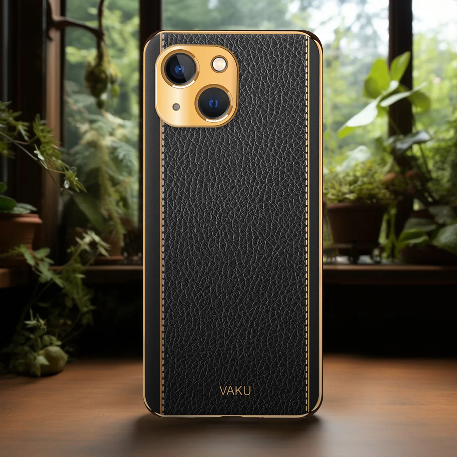 Vaku® For Apple iPhone 13 Luxemberg Series Leather Stitched Gold Electroplated Soft TPU Back Cover - Image 11