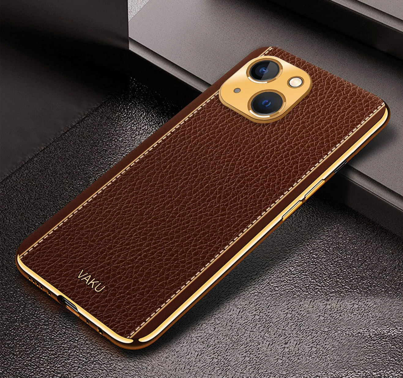 Vaku® For Apple iPhone 13 Luxemberg Series Leather Stitched Gold Electroplated Soft TPU Back Cover - Image 12