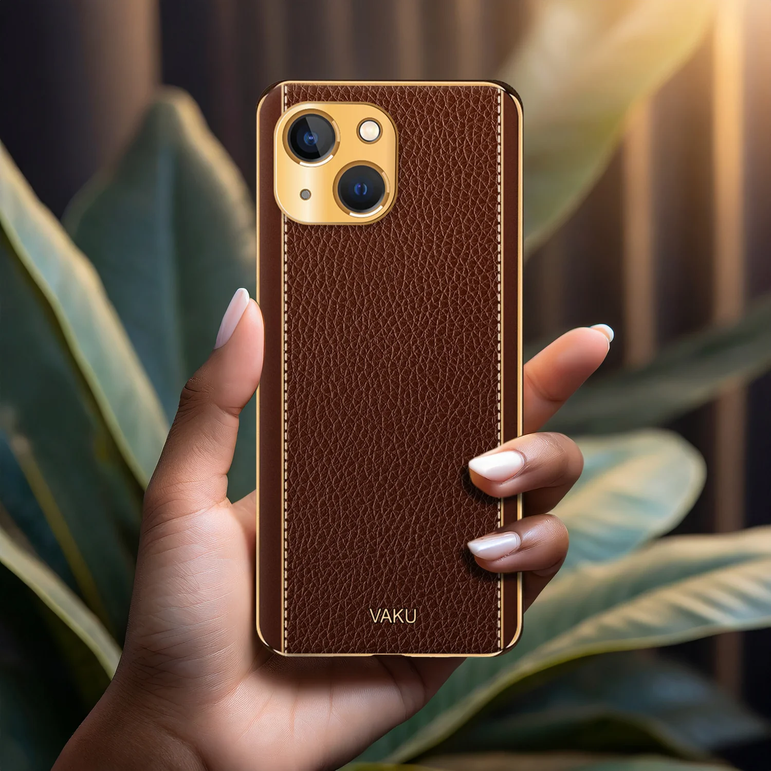 Vaku® For Apple iPhone 13 Luxemberg Series Leather Stitched Gold Electroplated Soft TPU Back Cover - Image 13