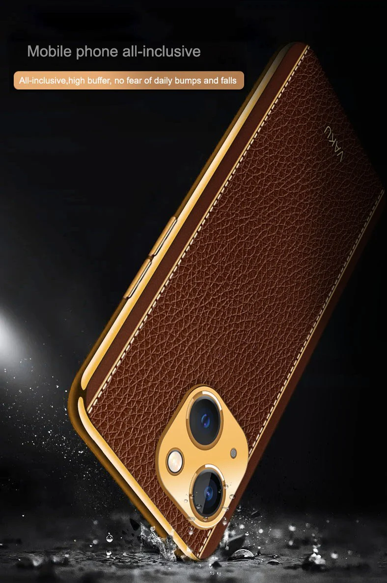 Vaku® For Apple iPhone 13 Luxemberg Series Leather Stitched Gold Electroplated Soft TPU Back Cover - Image 14
