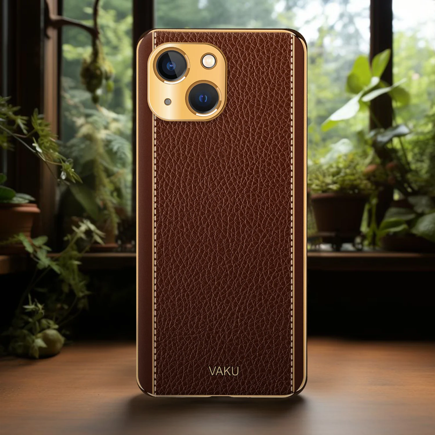 Vaku® For Apple iPhone 13 Luxemberg Series Leather Stitched Gold Electroplated Soft TPU Back Cover - Image 15