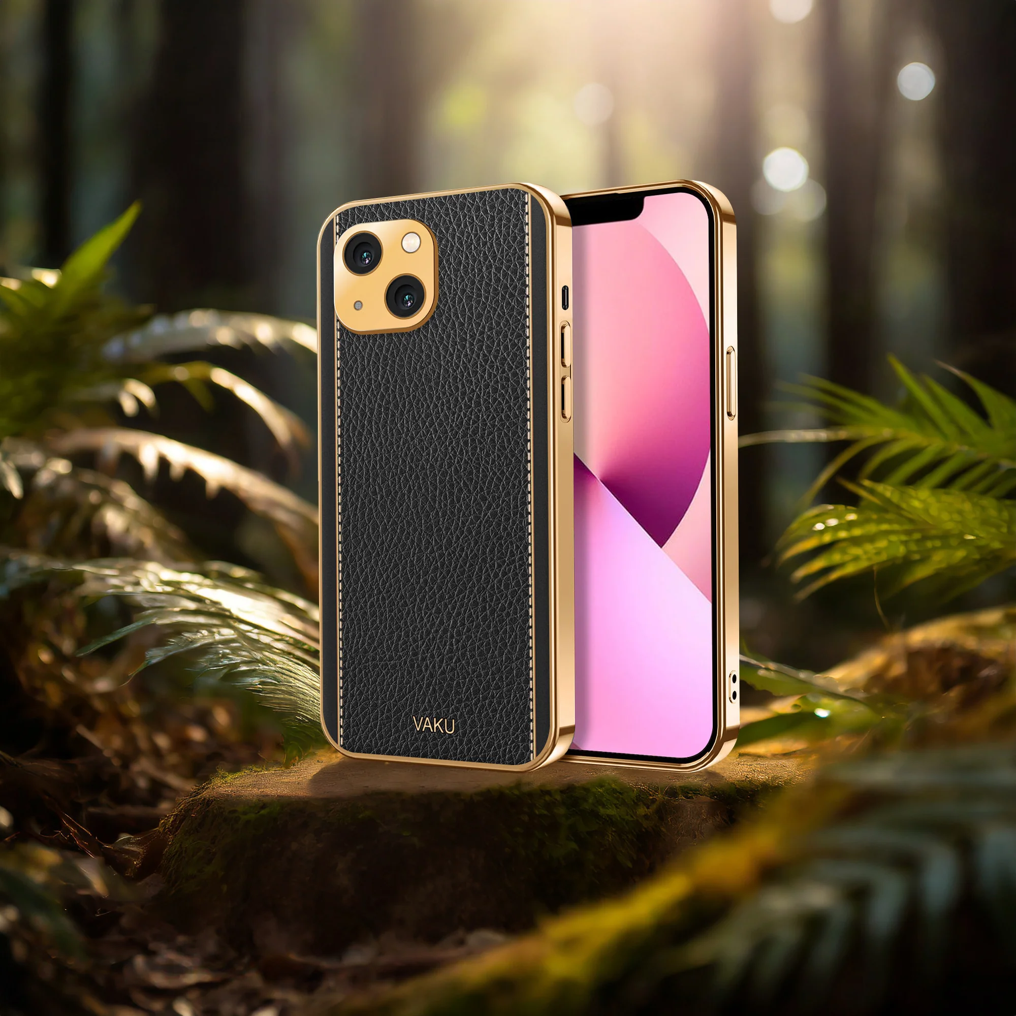 Vaku® For Apple iPhone 13 Luxemberg Series Leather Stitched Gold Electroplated Soft TPU Back Cover - Image 16
