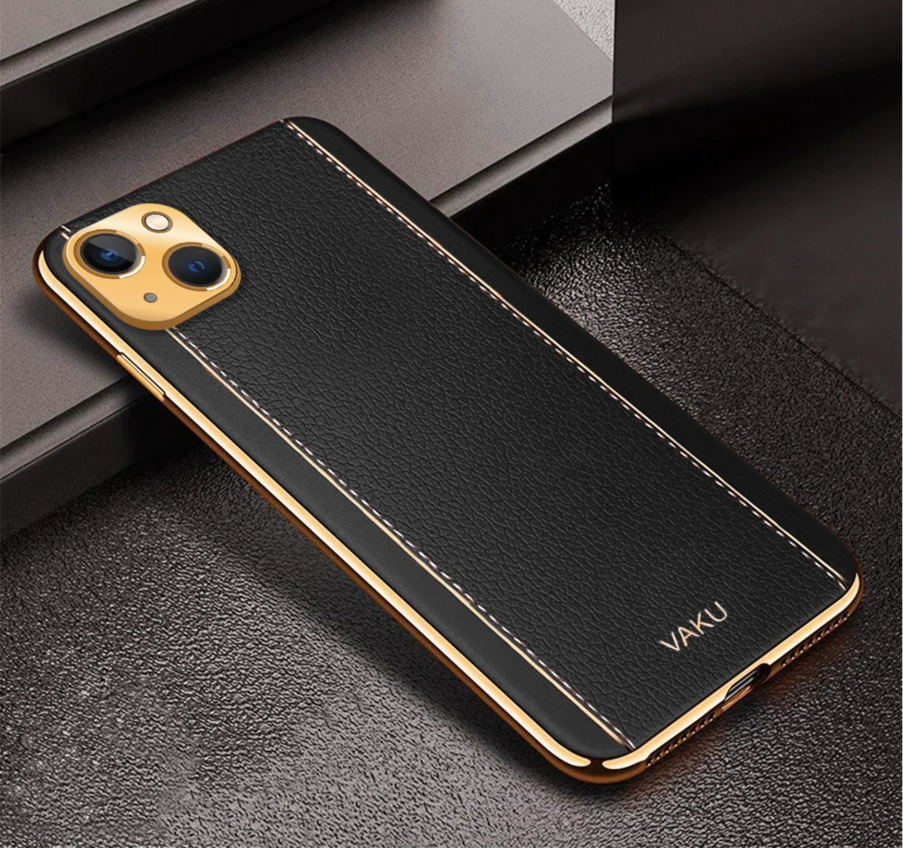 Vaku® For Apple iPhone 13 Luxemberg Series Leather Stitched Gold Electroplated Soft TPU Back Cover - Image 3