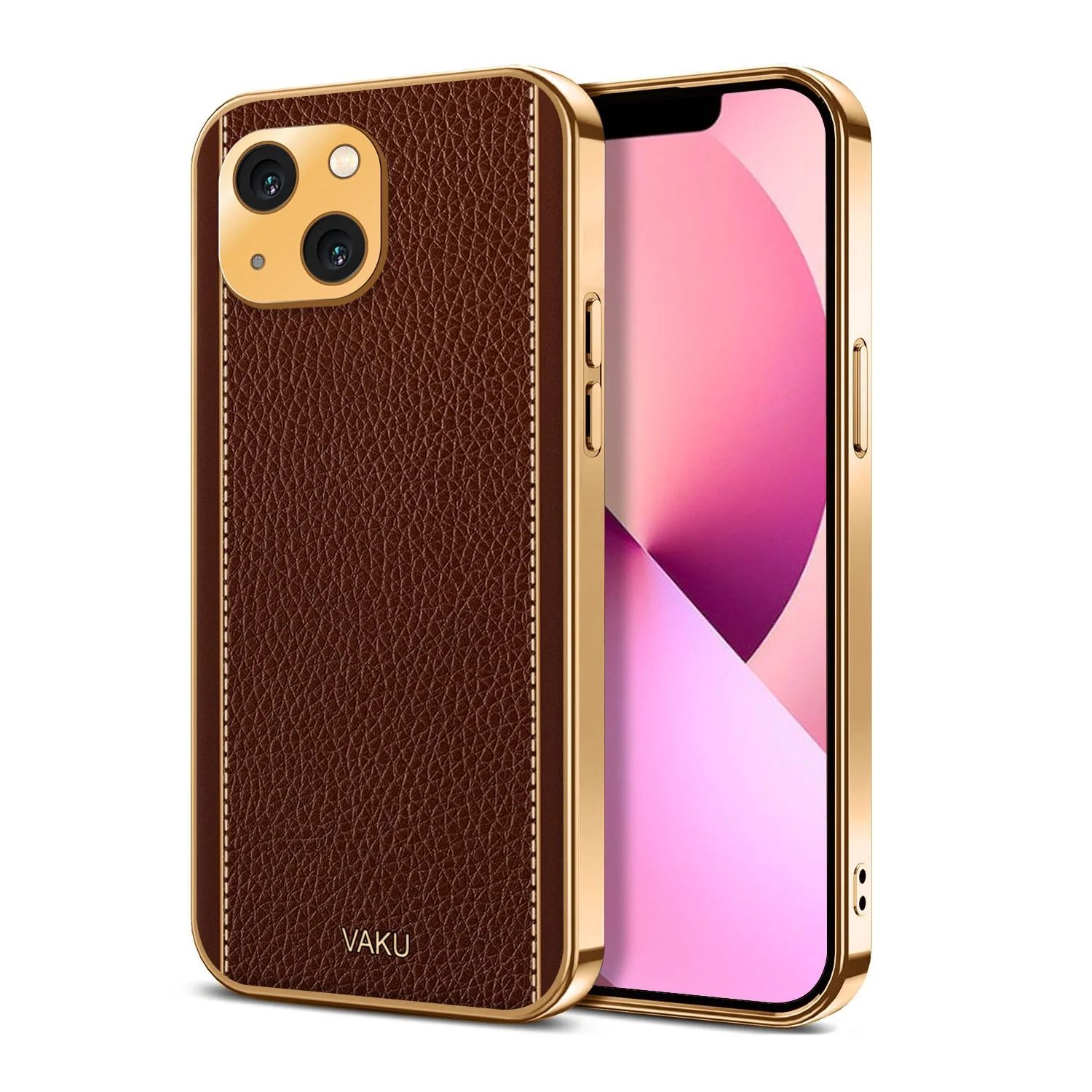 Vaku® For Apple iPhone 13 Luxemberg Series Leather Stitched Gold Electroplated Soft TPU Back Cover - Image 4