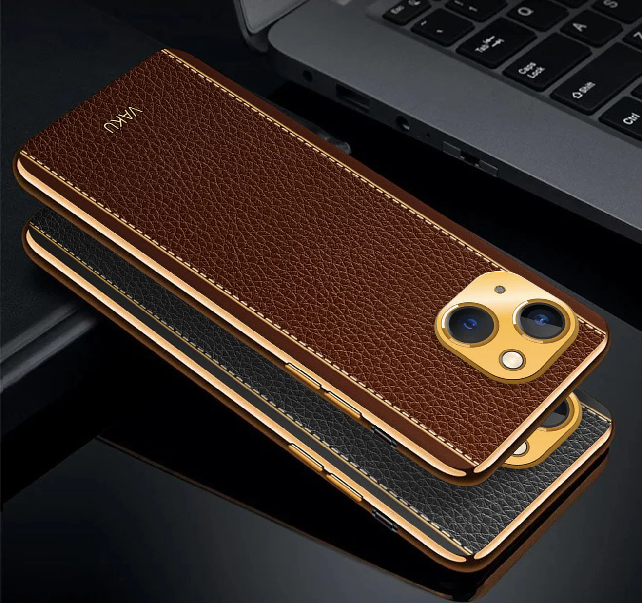 Vaku® For Apple iPhone 13 Luxemberg Series Leather Stitched Gold Electroplated Soft TPU Back Cover - Image 5
