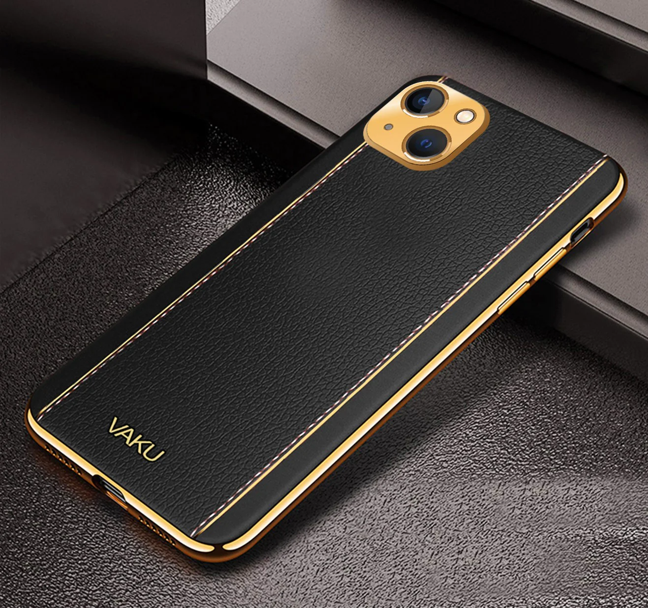Vaku® For Apple iPhone 13 Luxemberg Series Leather Stitched Gold Electroplated Soft TPU Back Cover - Image 7