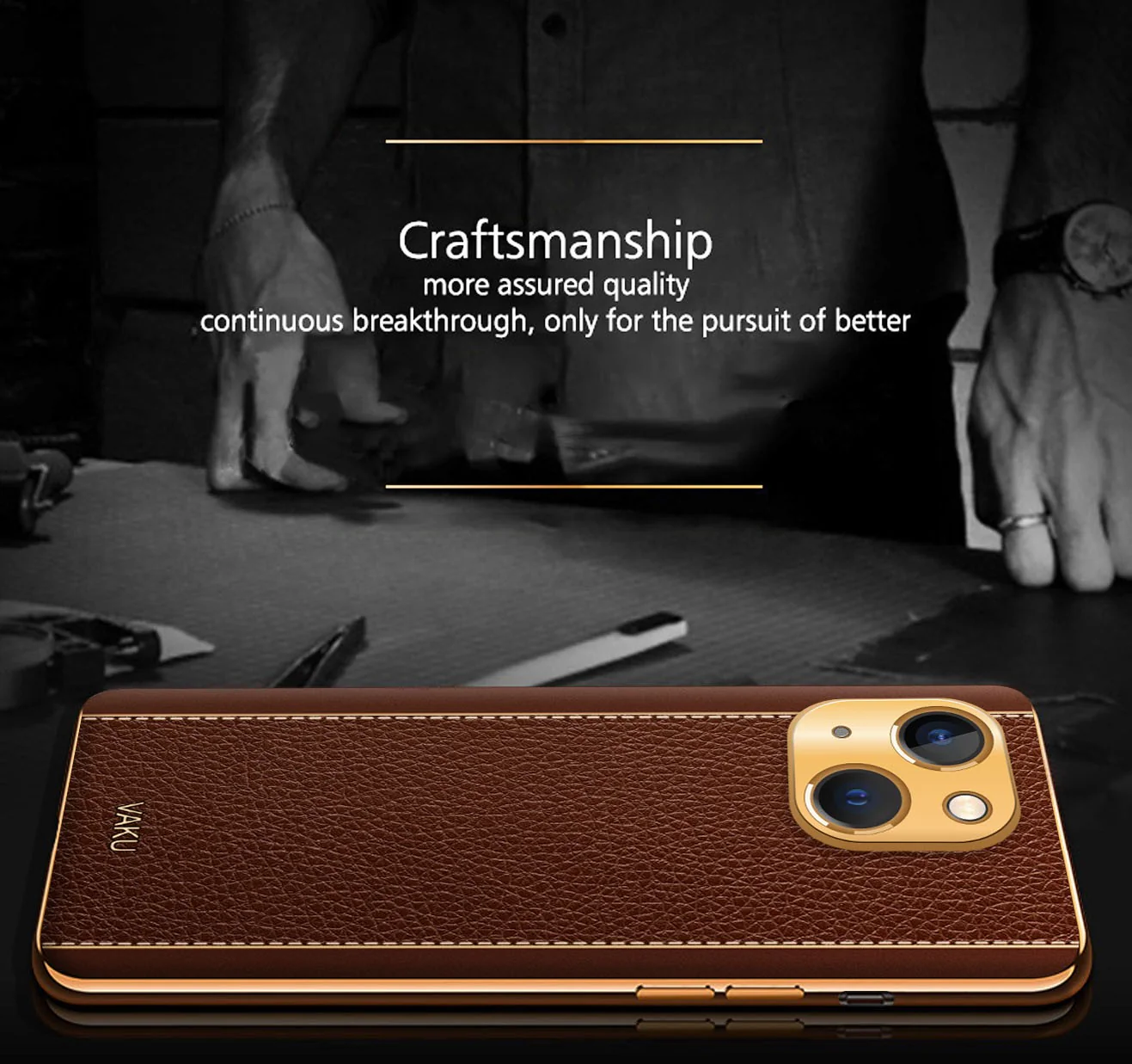 Vaku® For Apple iPhone 13 Luxemberg Series Leather Stitched Gold Electroplated Soft TPU Back Cover - Image 8