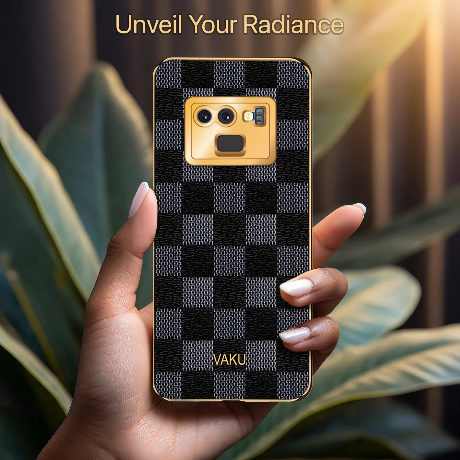 Vaku® Galaxy Note 9 Cheron Series Leather Stitched Gold Electroplated Soft TPU Back Cover - Image 12