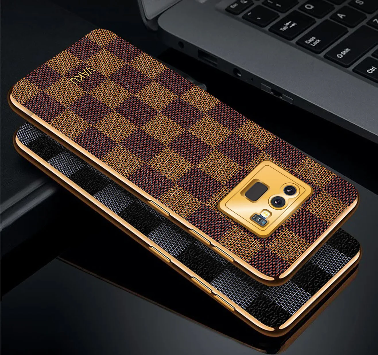Vaku® Galaxy Note 9 Cheron Series Leather Stitched Gold Electroplated Soft TPU Back Cover - Image 3