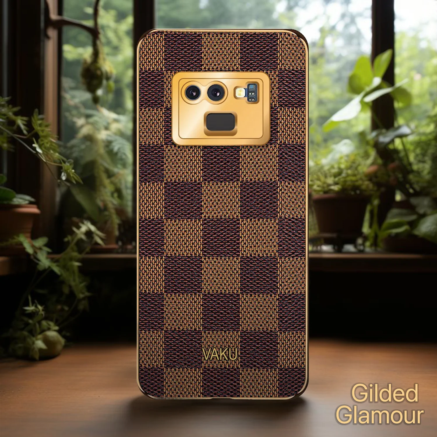 Vaku® Galaxy Note 9 Cheron Series Leather Stitched Gold Electroplated Soft TPU Back Cover - Image 6