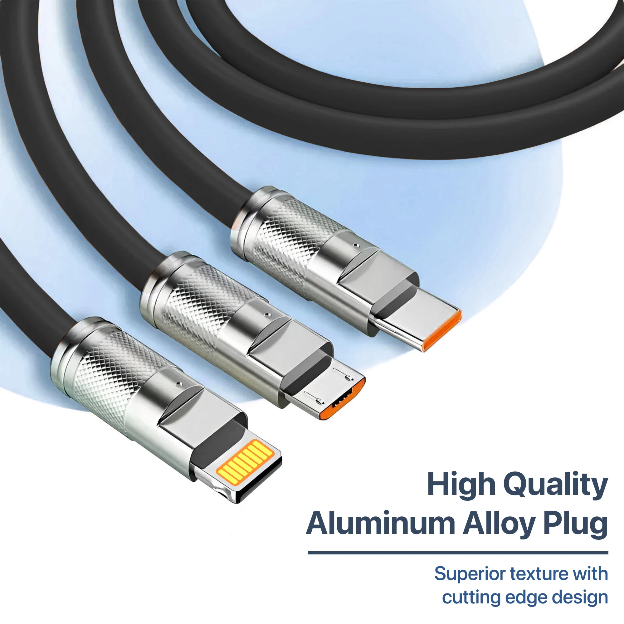 Vaku Luxos ® 3-in-1 Fast Charging Data Sync Cable 120W Durable Silicone Cable With Lightning, C-Type, Micro USB Ports - Image 7