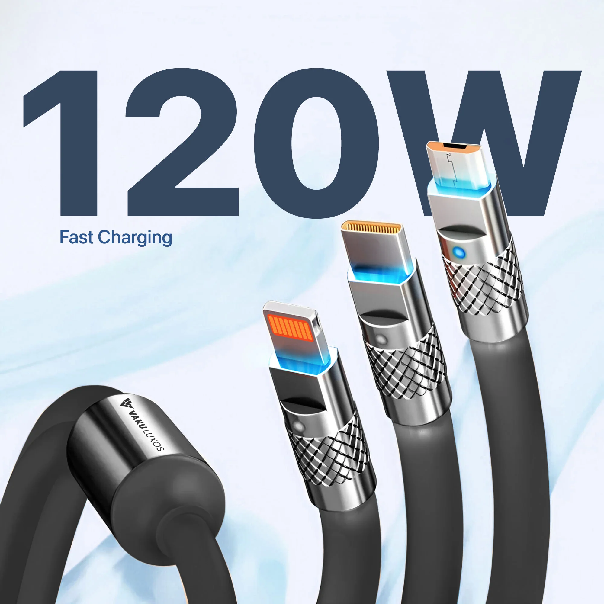 Vaku Luxos ® 3-in-1 Fast Charging Data Sync Cable 120W Durable Silicone Cable With Lightning, C-Type, Micro USB Ports - Image 8