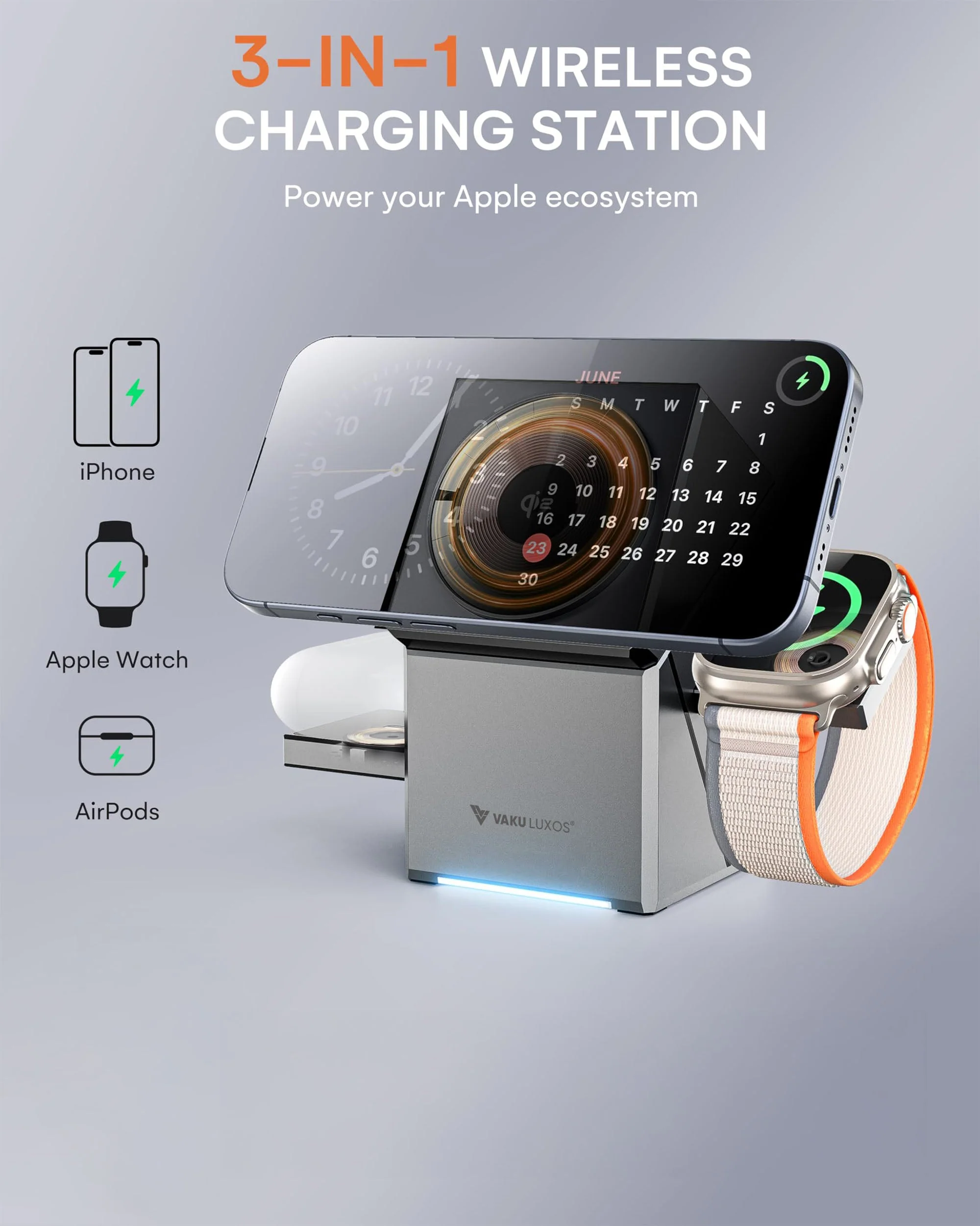 Vaku Luxos ® 3-in-1 Gyro Charge 23W Magnetic Wireless MagSafe Charger for iPhone, AirPods & iWatch Series - Image 7