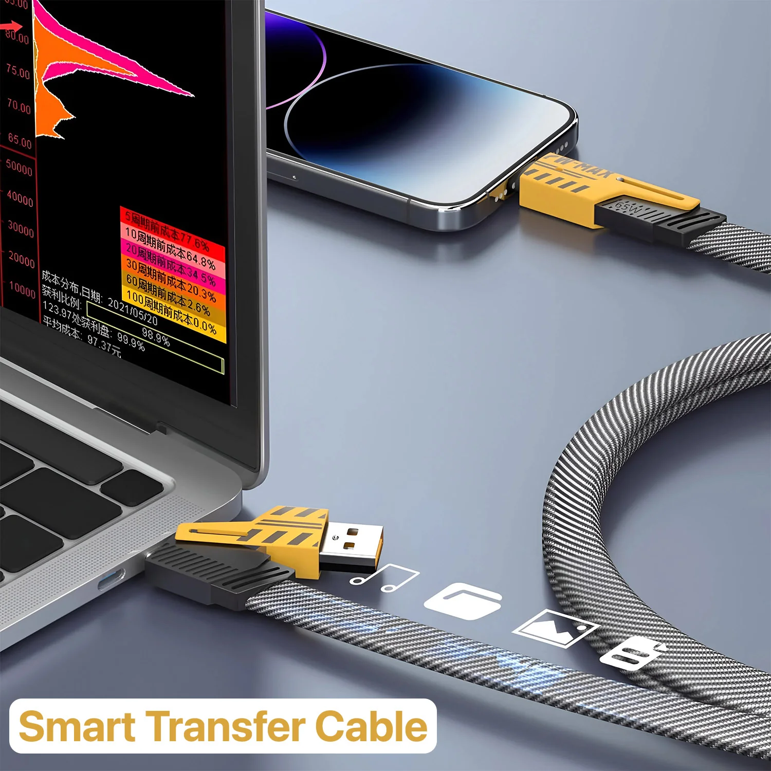 Vaku Luxos® 4-in-1 65W Fast Charging Flat Cable with USB, Lightning, C-Type Ports - Image 12
