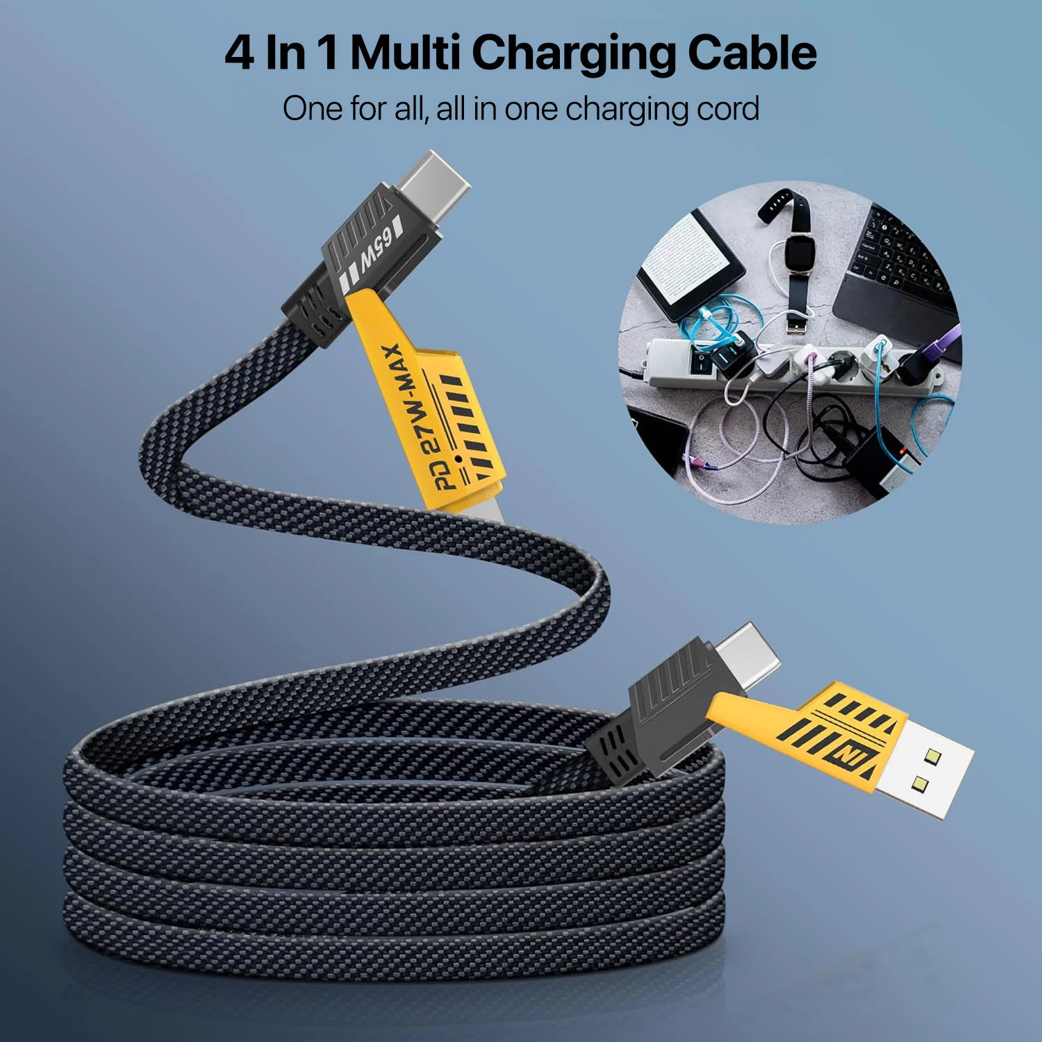 Vaku Luxos® 4-in-1 65W Fast Charging Flat Cable with USB, Lightning, C-Type Ports - Image 3