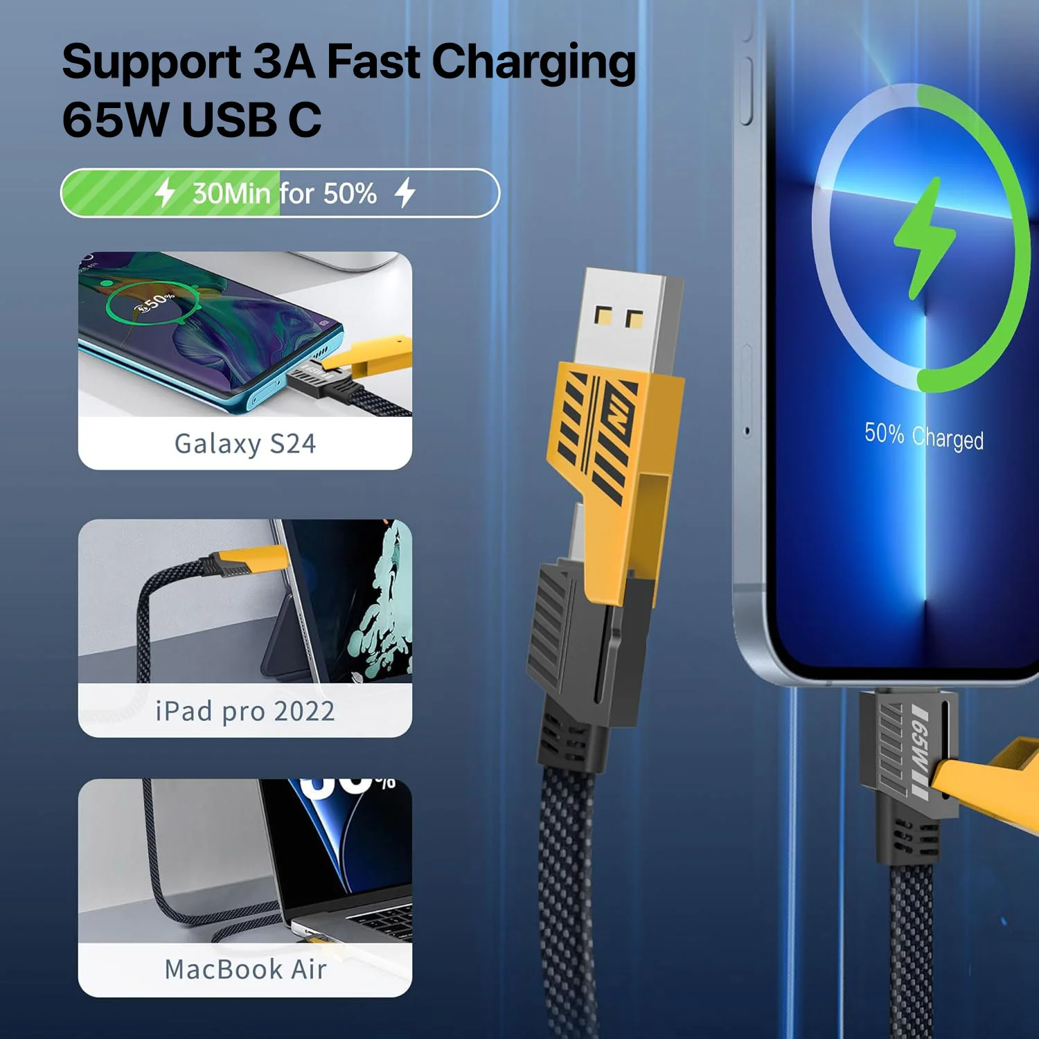 Vaku Luxos® 4-in-1 65W Fast Charging Flat Cable with USB, Lightning, C-Type Ports - Image 5
