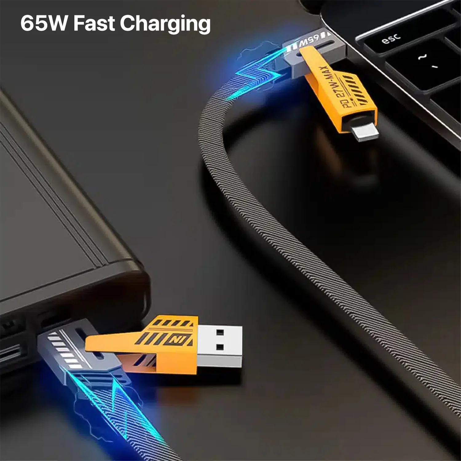 Vaku Luxos® 4-in-1 65W Fast Charging Flat Cable with USB, Lightning, C-Type Ports - Image 8