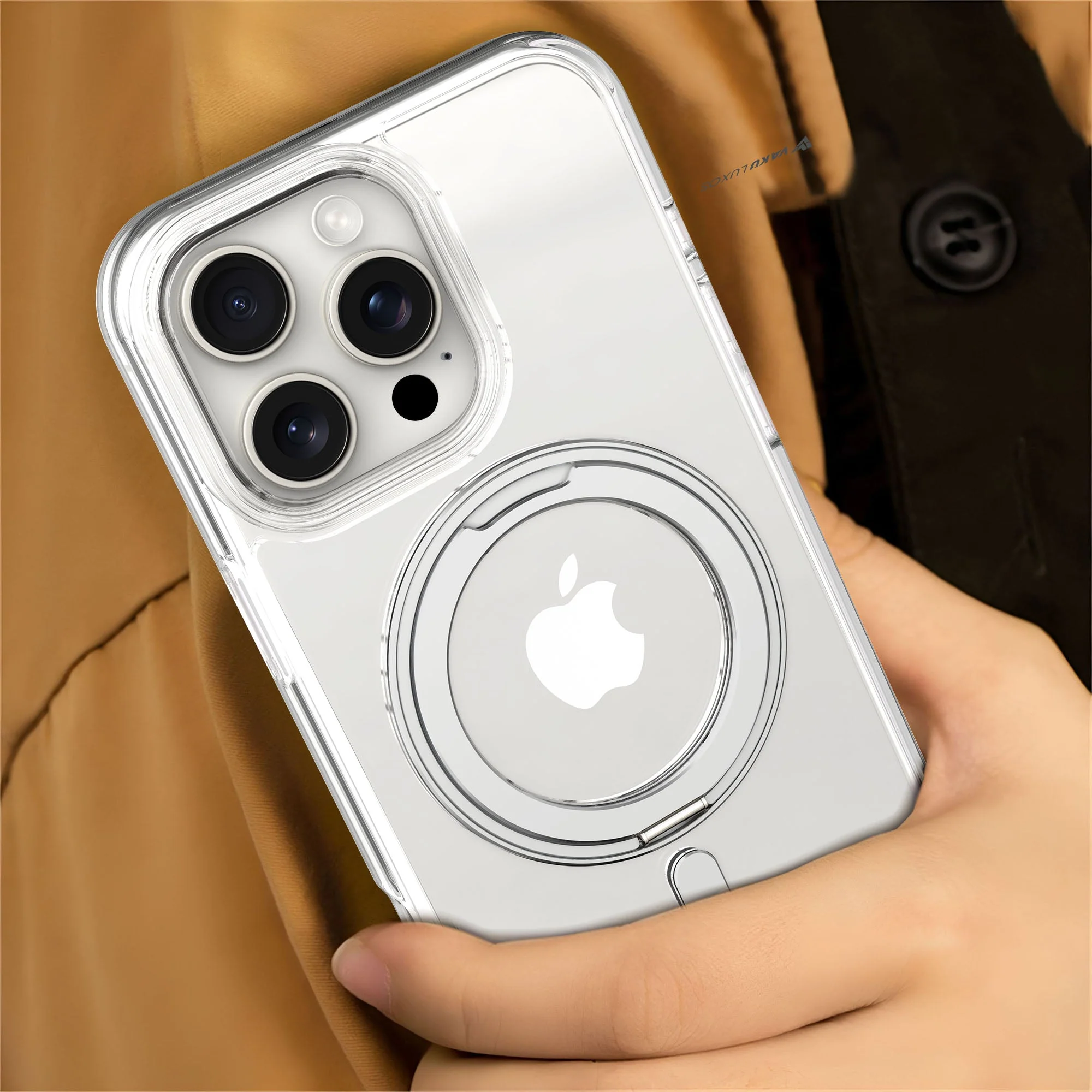 Vaku Luxos ® Apple iPhone 16 Pro Max Glassy Kickmag Back Cover with Magnetic Alloy Ring Metal Kickstand - Image 4