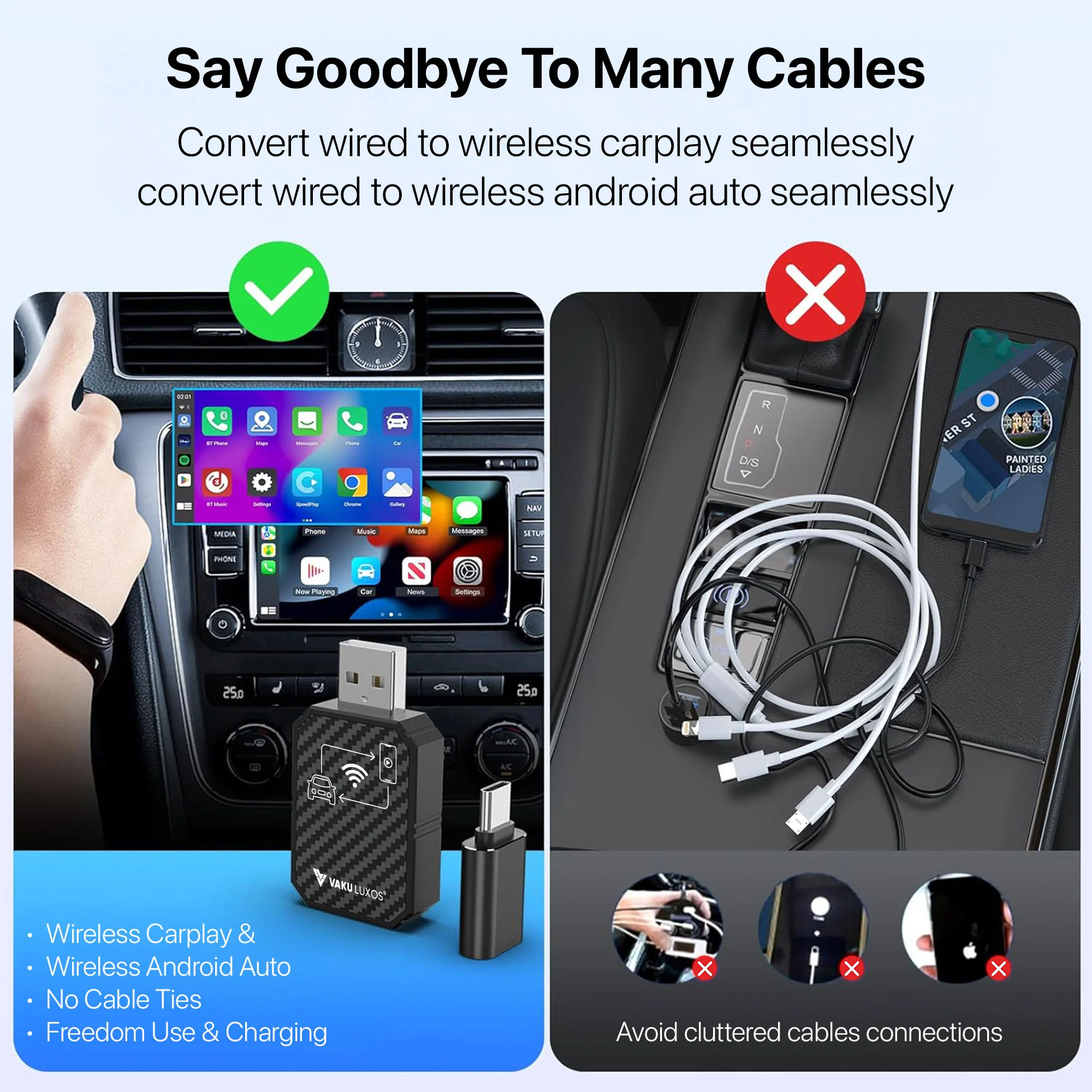 Vaku Luxos ® AUTOELITE Wireless CarPlay With Wireless Android Auto Adapter - Image 5