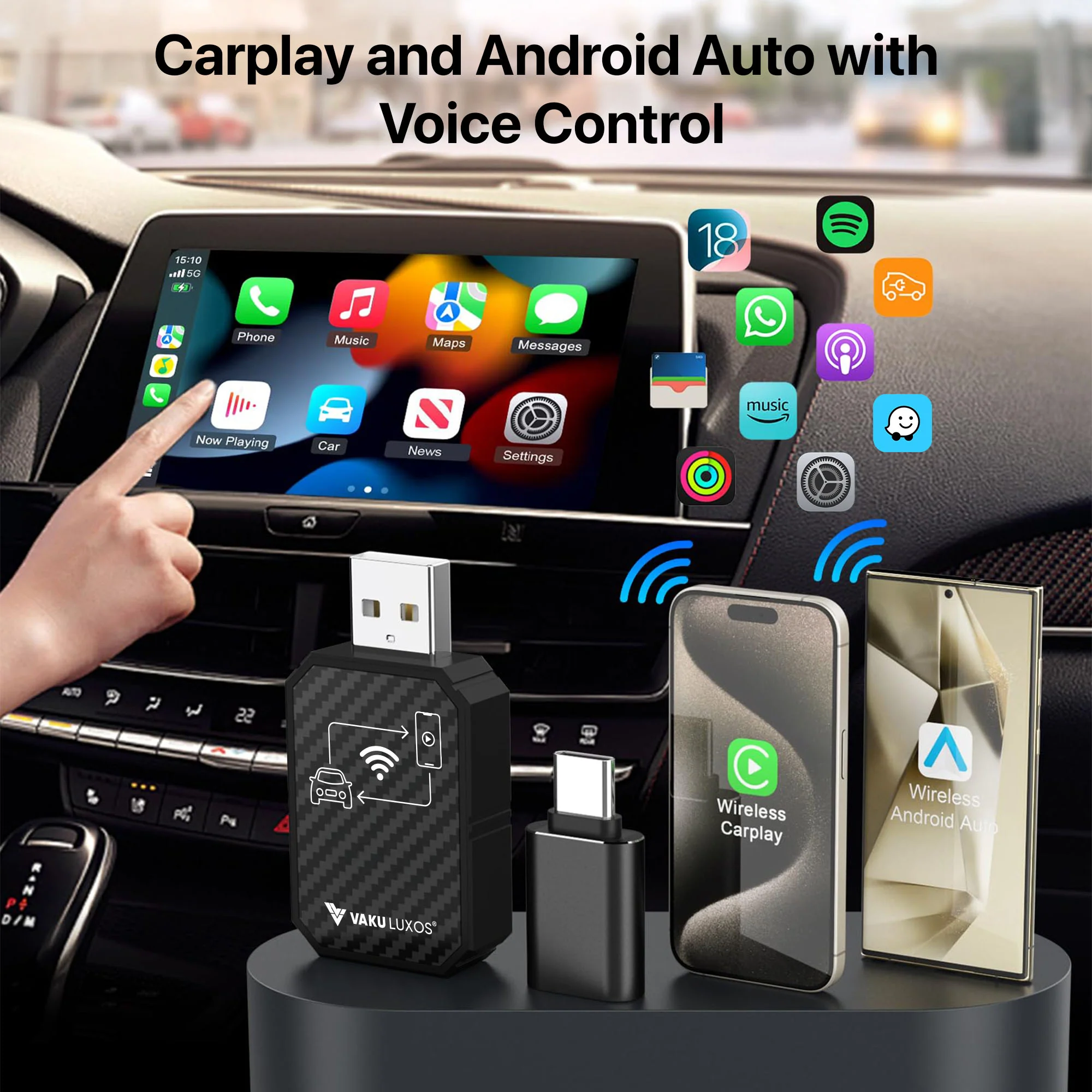 Vaku Luxos ® AUTOELITE Wireless CarPlay With Wireless Android Auto Adapter - Image 7