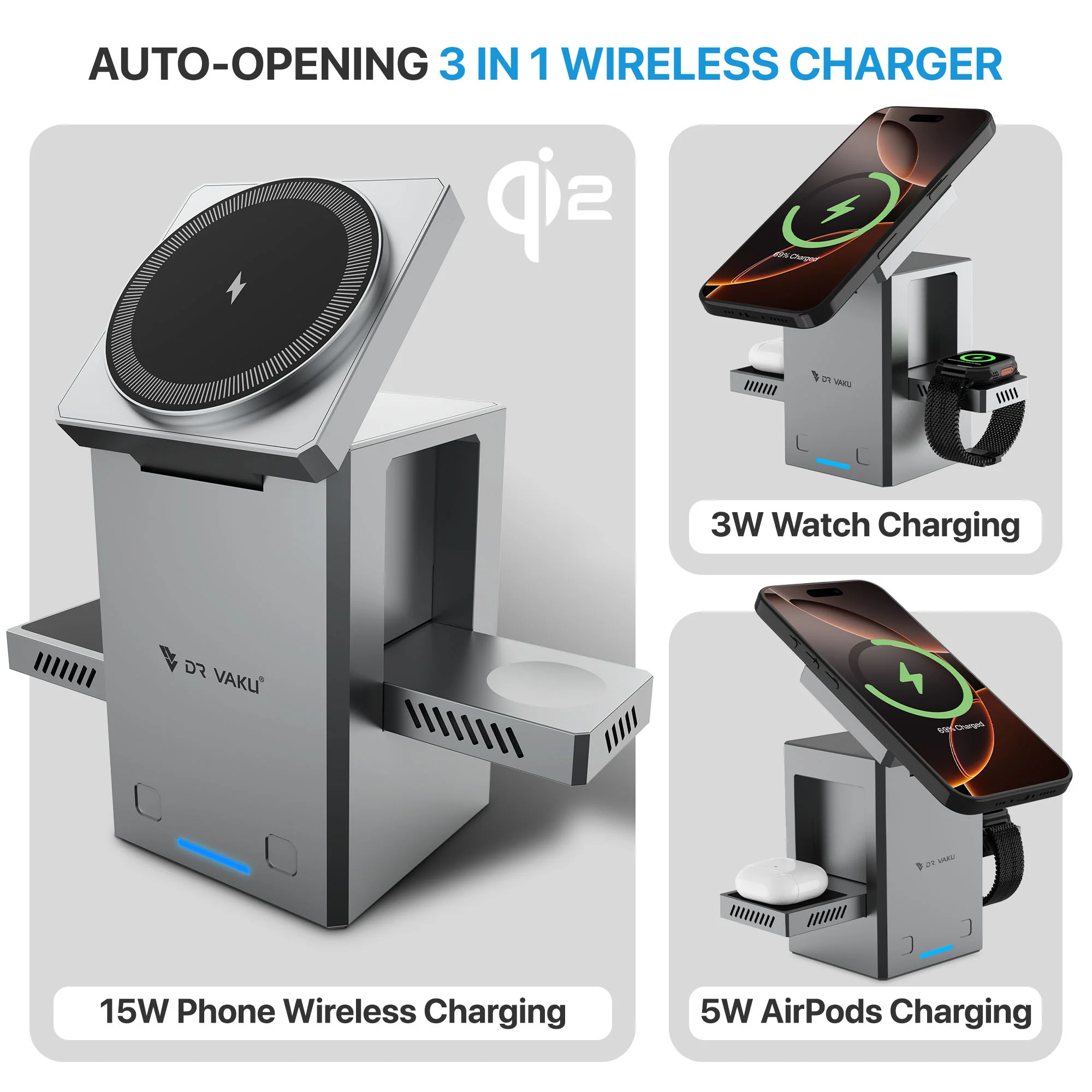 Vaku Luxos ® Autopod 3in1 Wireless Charger Qi2 Certified 23W MagSafe Touch To Unfold Charging Stand - Image 3