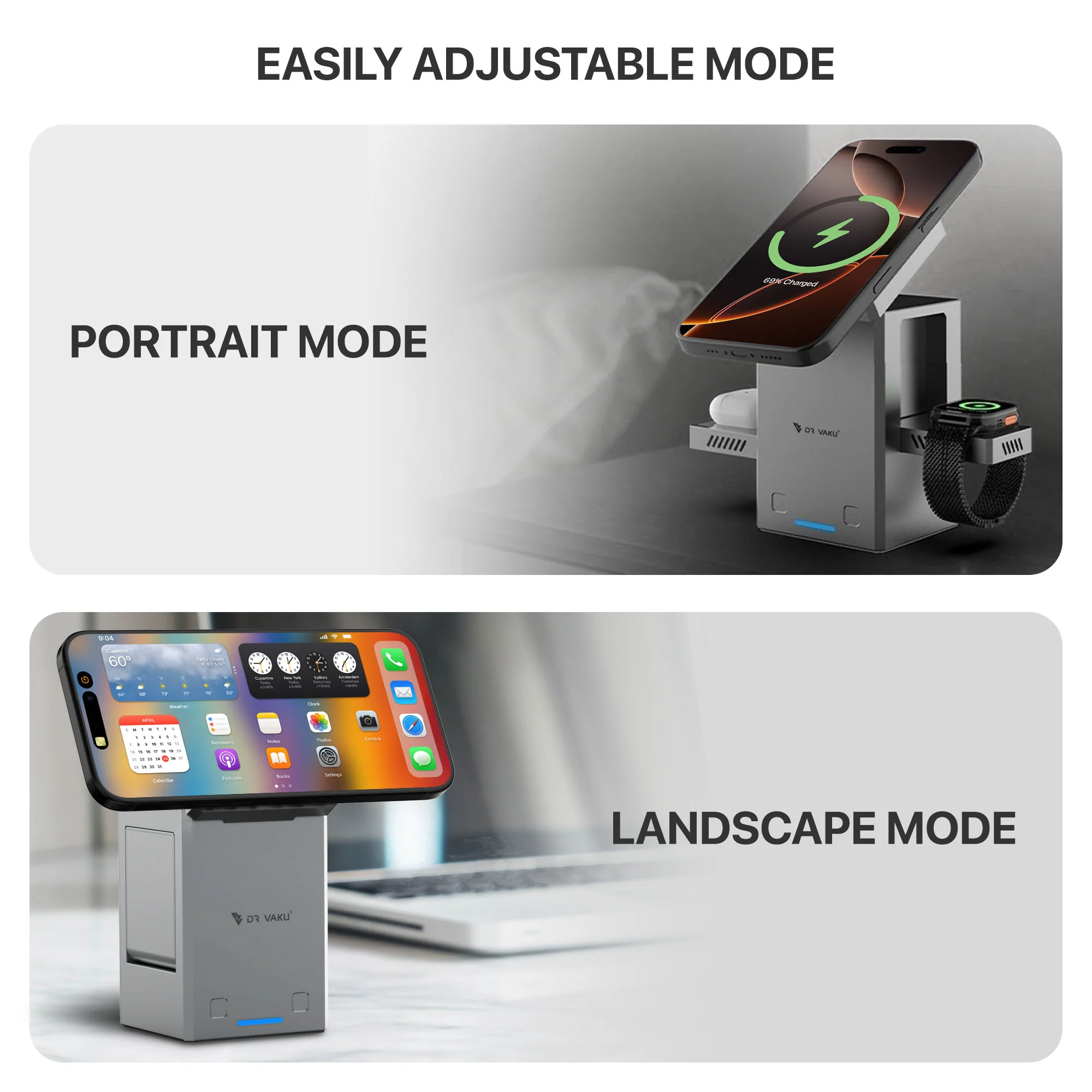 Vaku Luxos ® Autopod 3in1 Wireless Charger Qi2 Certified 23W MagSafe Touch To Unfold Charging Stand - Image 5