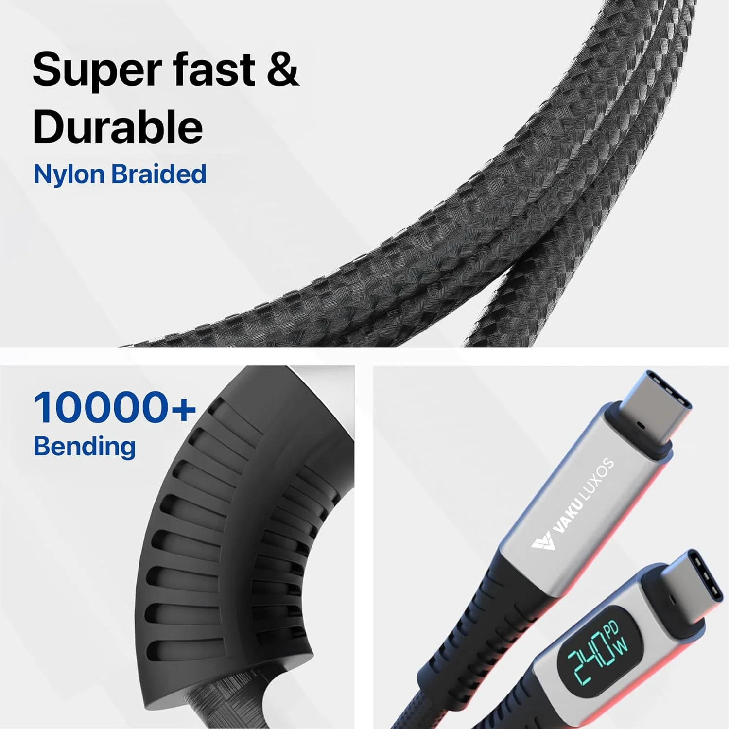 Vaku Luxos ® CRUZE 1M 240W USB4 / Thunderbolt 4 Type C to Type C Data Cable with Intelligent Power Display - Image 3