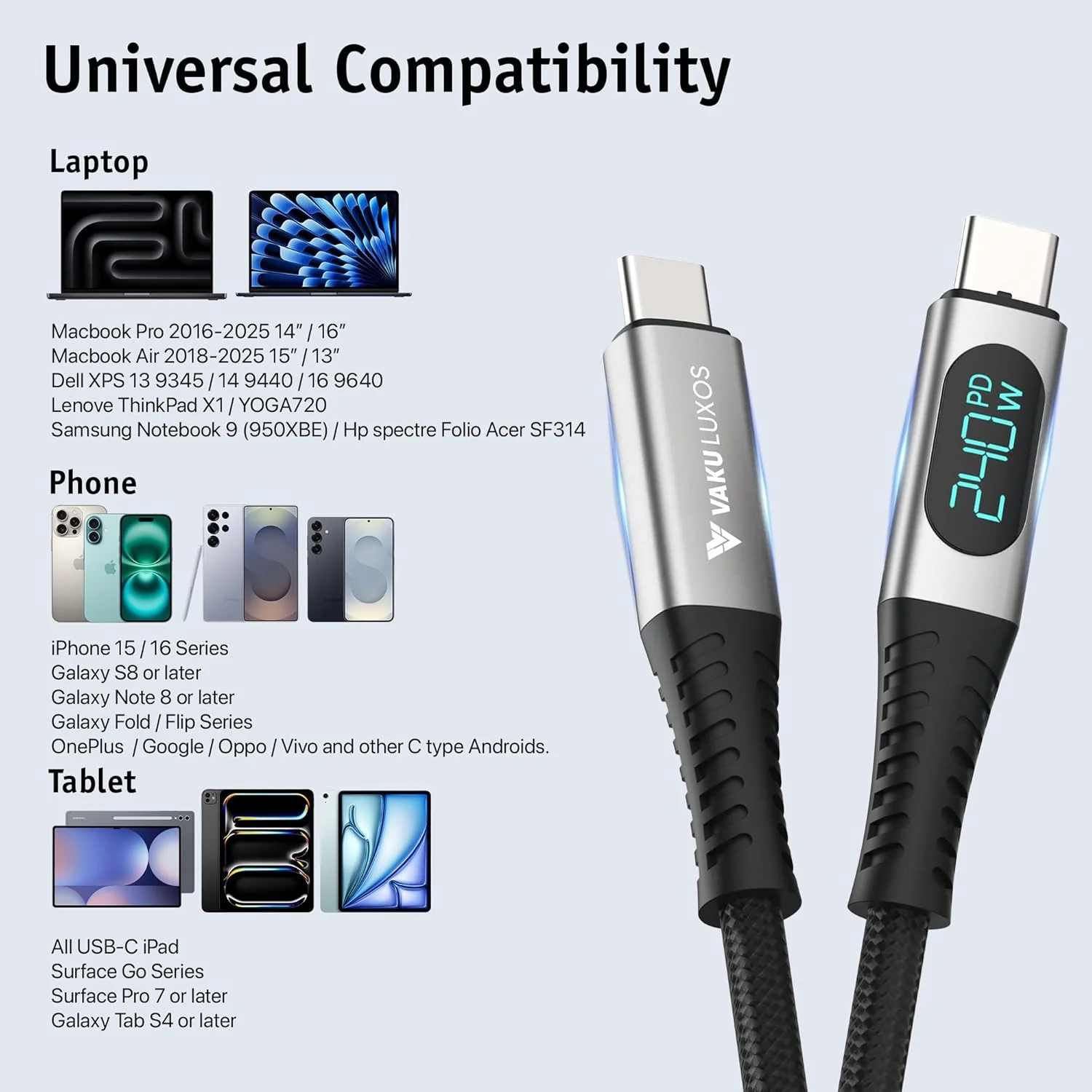 Vaku Luxos ® CRUZE 1M 240W USB4 / Thunderbolt 4 Type C to Type C Data Cable with Intelligent Power Display - Image 4