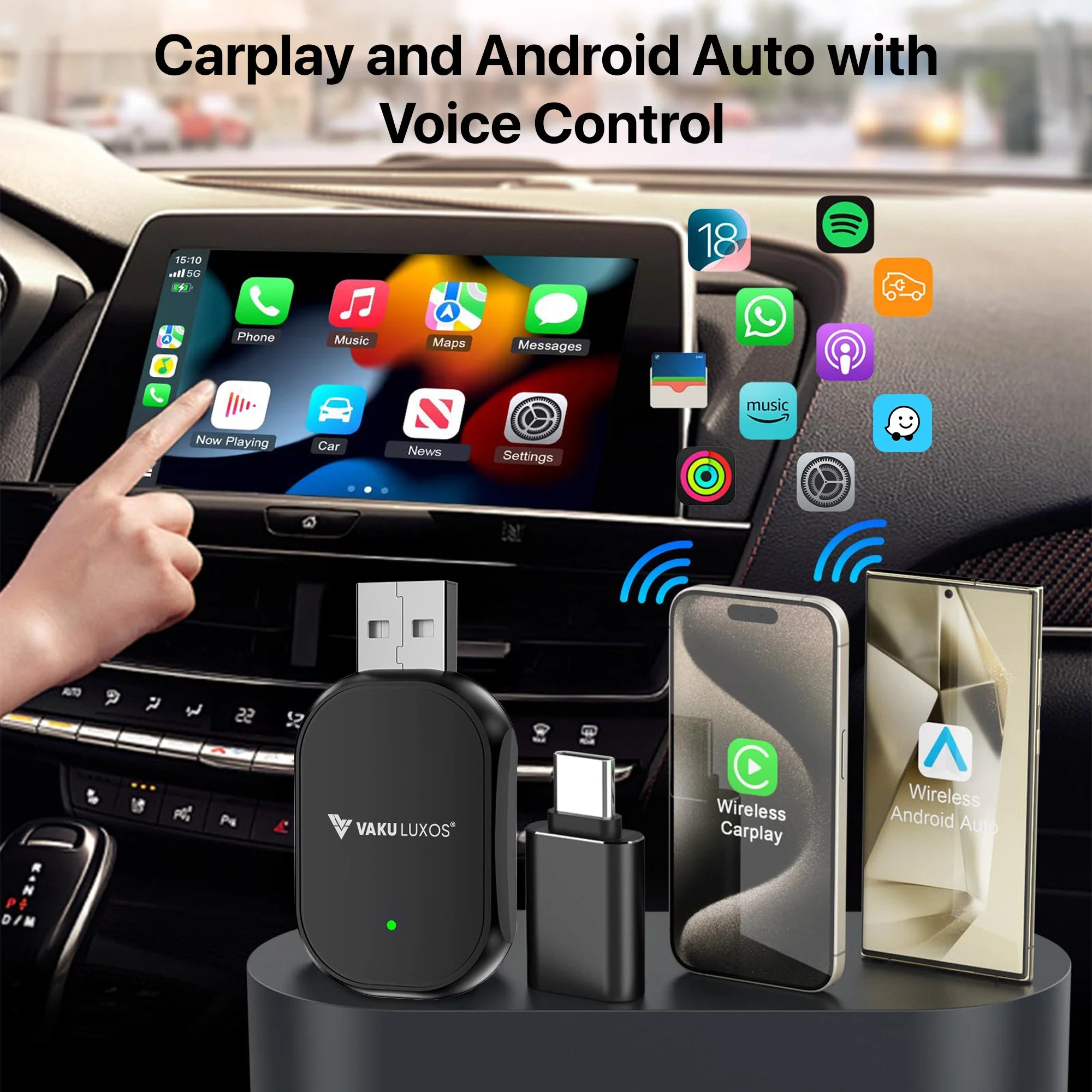 Vaku Luxos ® DASHELITE 2-in-1 Wireless Car Receiver For Wired Android Auto/CarPlay Conversion - Image 3