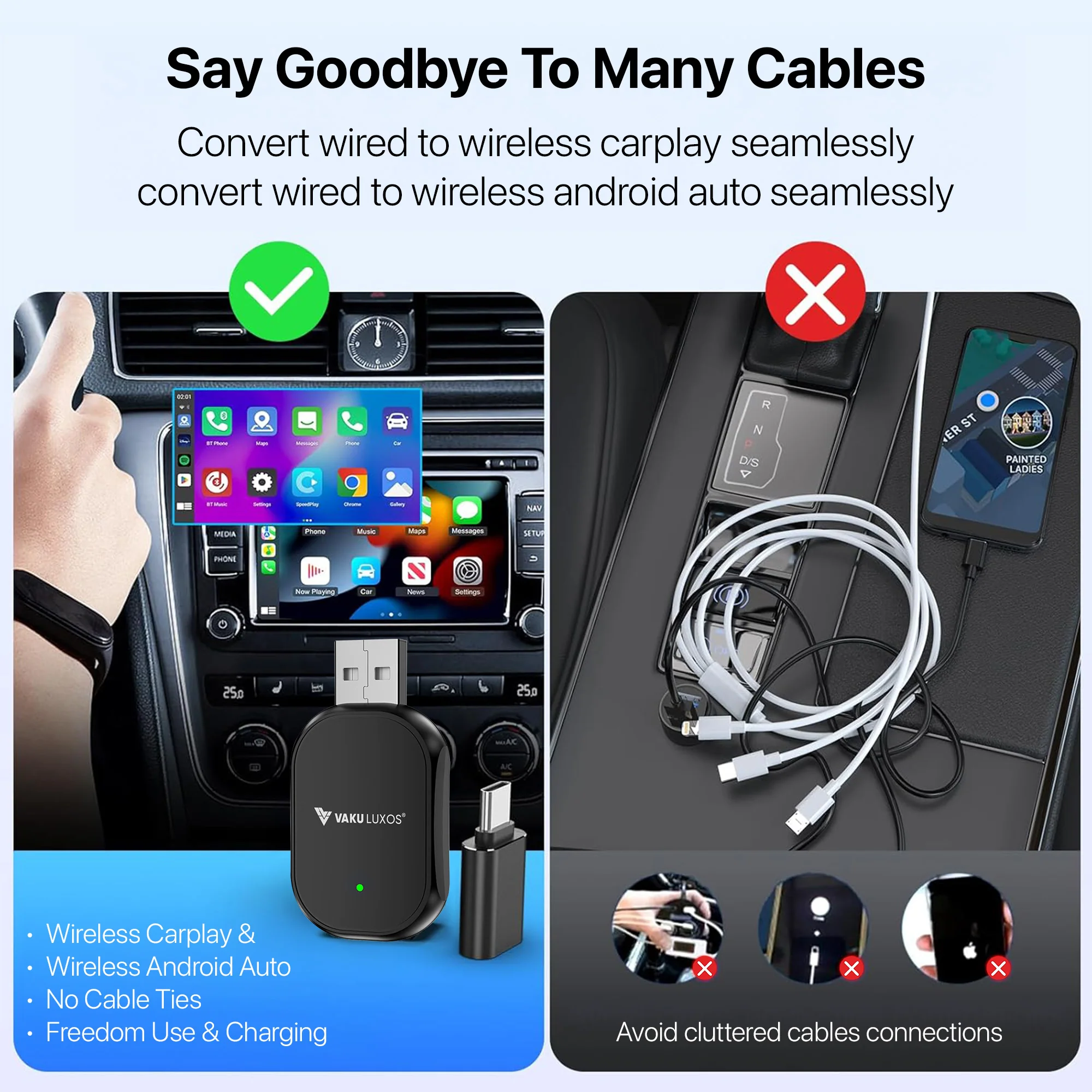 Vaku Luxos ® DASHELITE 2-in-1 Wireless Car Receiver For Wired Android Auto/CarPlay Conversion - Image 5