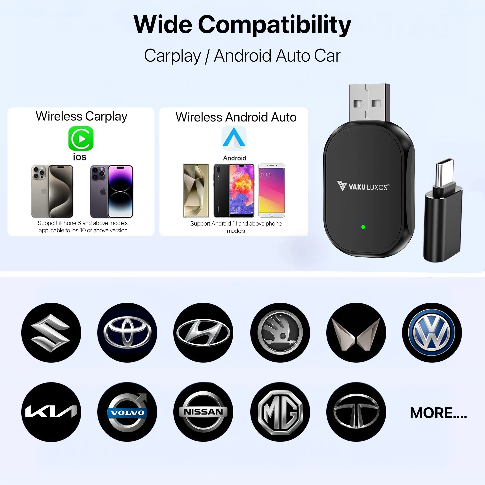 Vaku Luxos ® DASHELITE 2-in-1 Wireless Car Receiver For Wired Android Auto/CarPlay Conversion - Image 8
