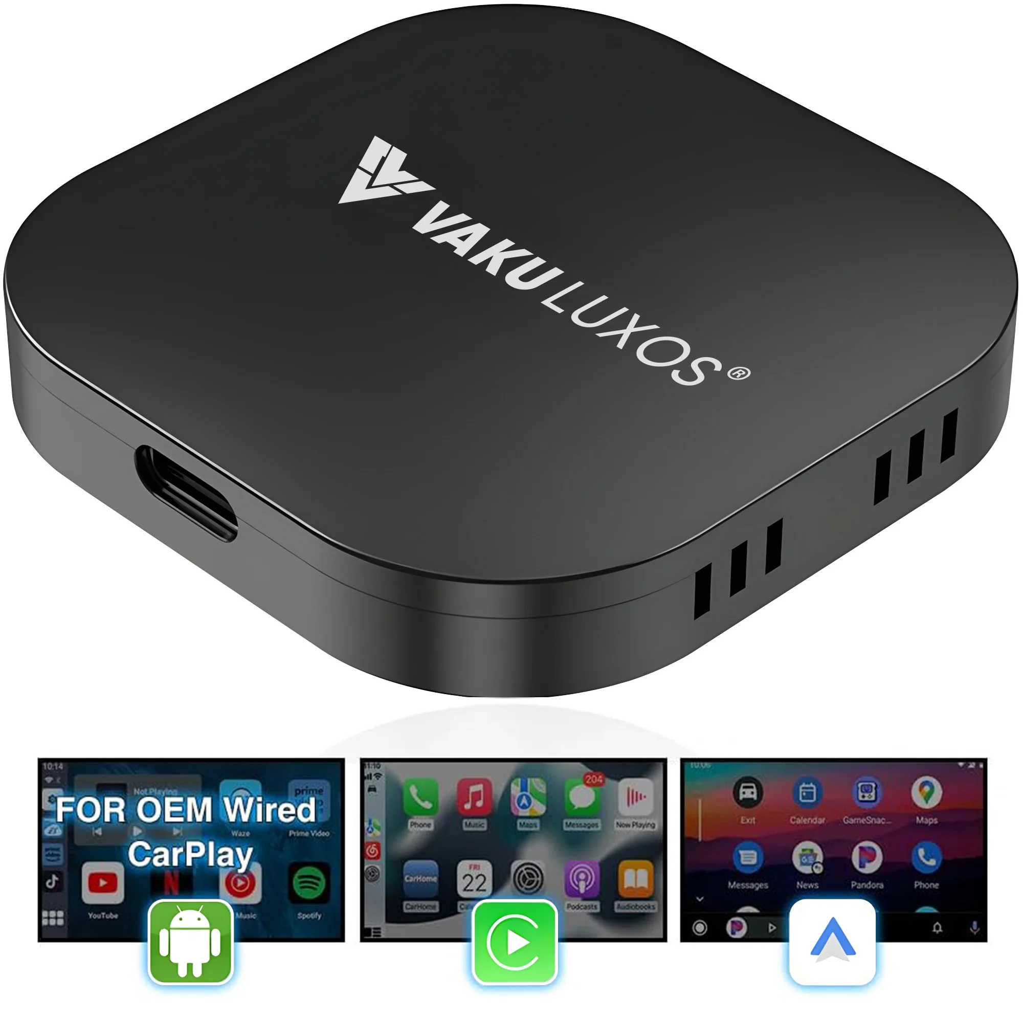 Vaku Luxos ® MUSEPRO 2025 Upgraded Wireless CarPlay Adapter, 5-in-1 Apple Wireless and Android Auto Wireless Adapter - Image 2