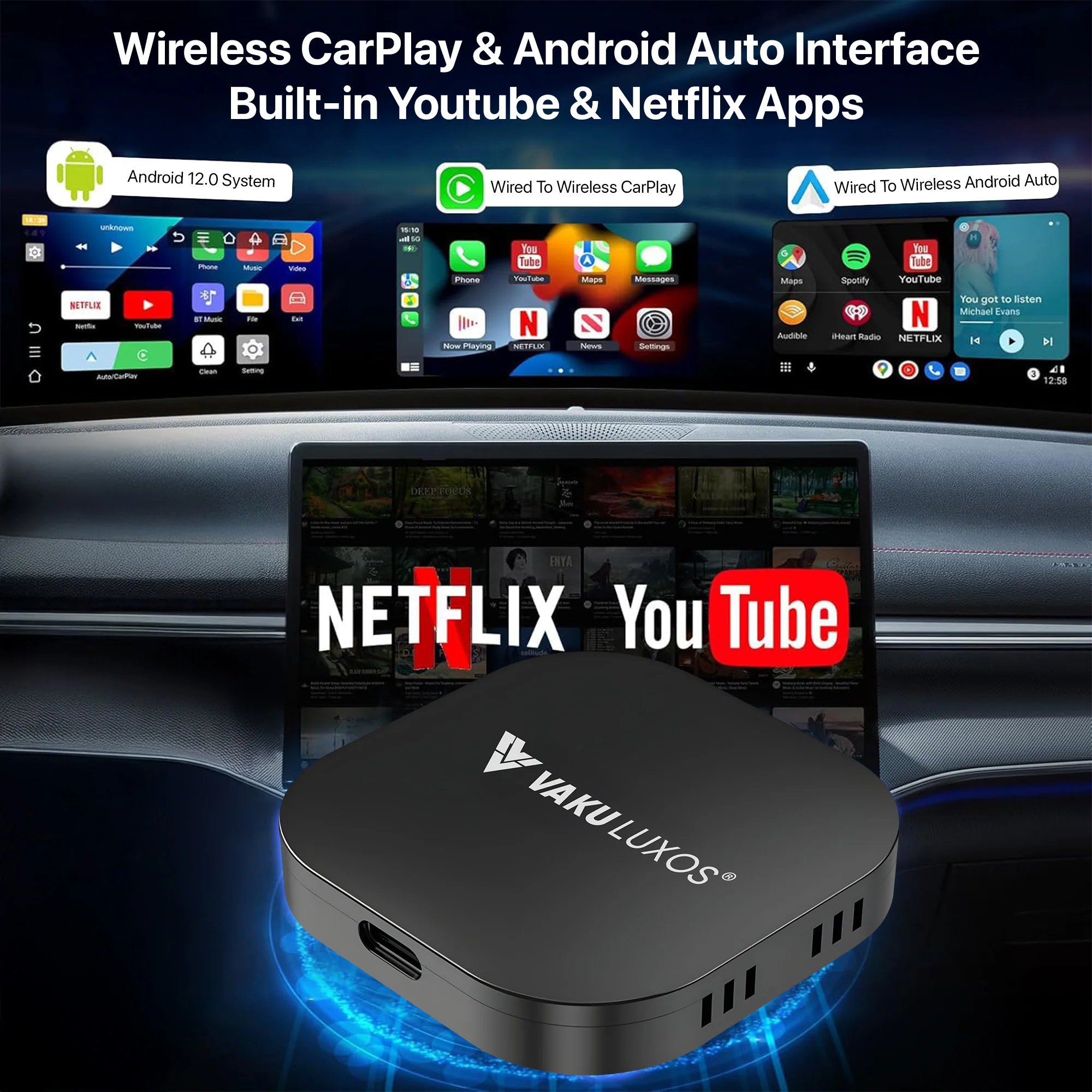 Vaku Luxos ® MUSEPRO 2025 Upgraded Wireless CarPlay Adapter, 5-in-1 Apple Wireless and Android Auto Wireless Adapter - Image 8
