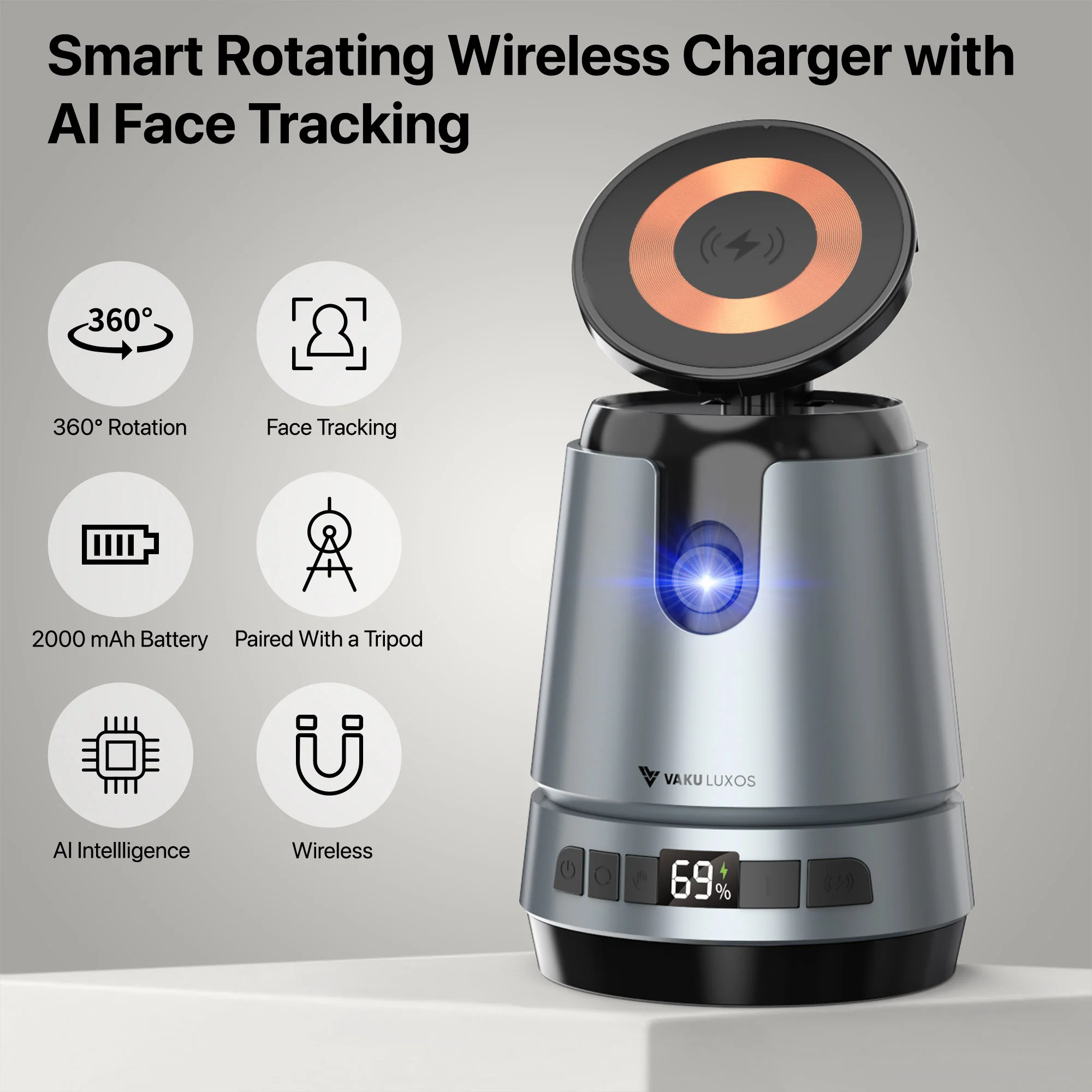 Vaku Luxos ® TREXO CAM AI Face Tracking Selfie Stand With 2000mAh Wireless Power Bank - Image 6