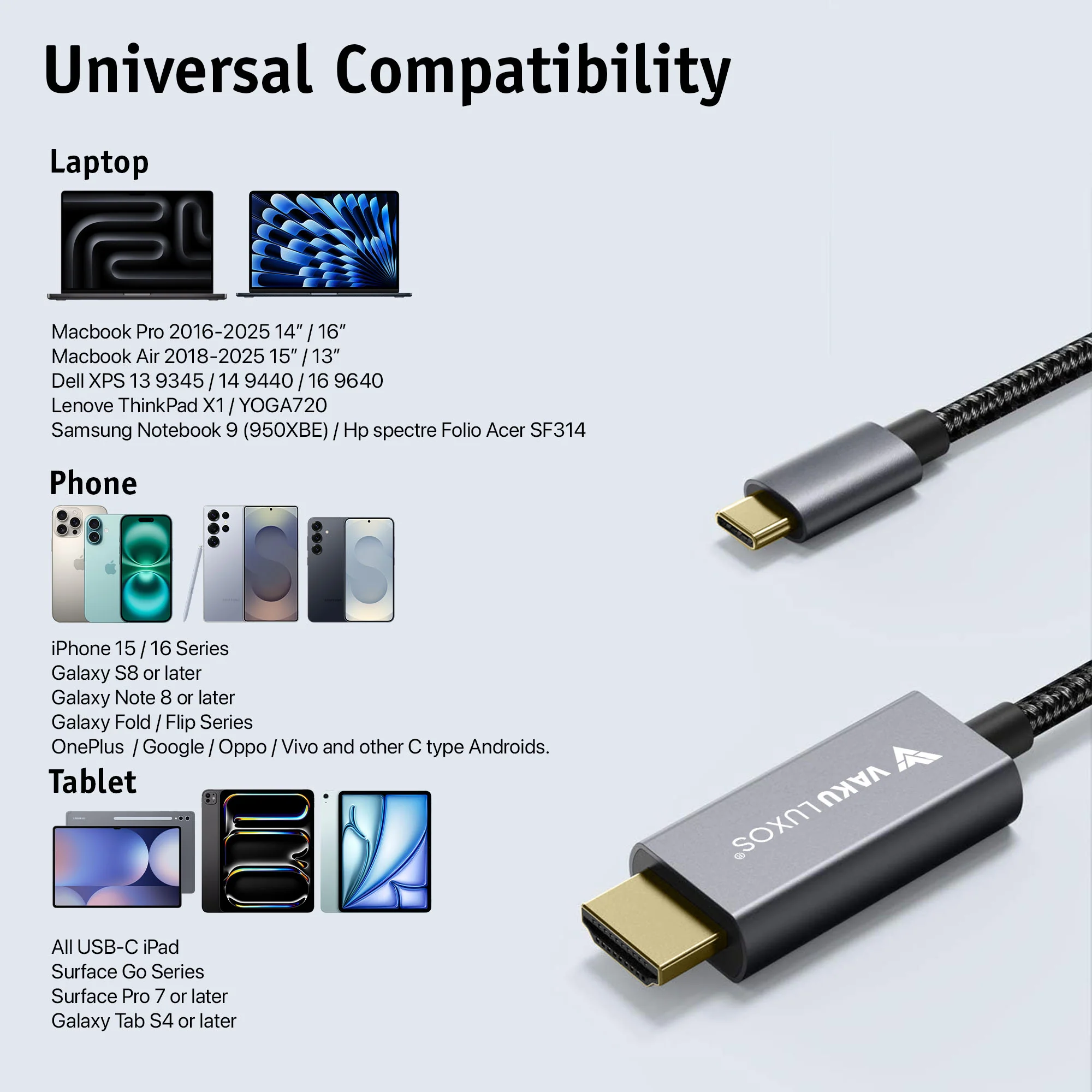 Vaku Luxos ® ULTREZ Gold Plated 2M Nylon Braided Type-C to HDMI Cable, 4K@60Hz Resolution - Image 3