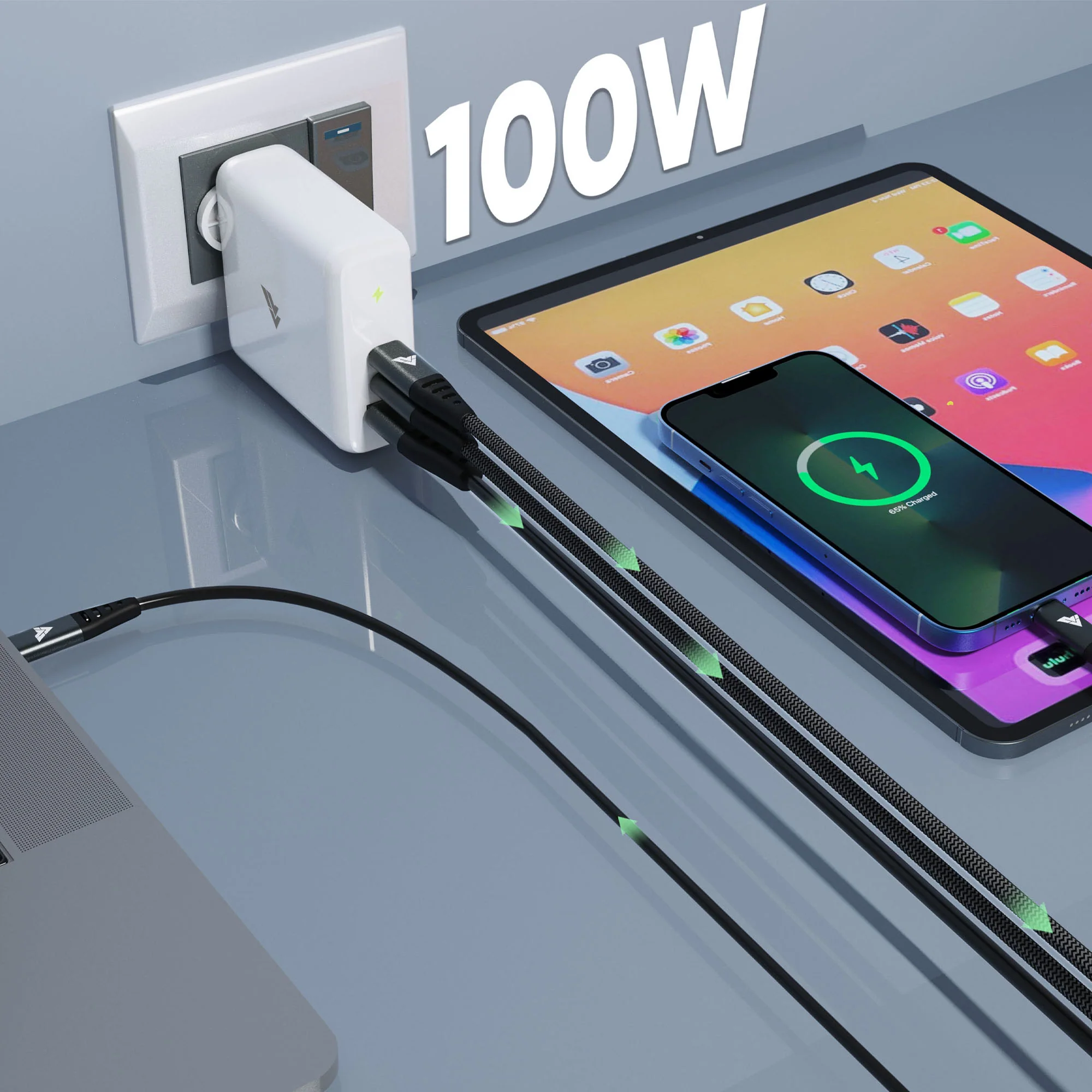 Vaku Luxos ® 100W Gan Charger with 3 Port PD Fast Charging USB C Power Adapter - Image 5