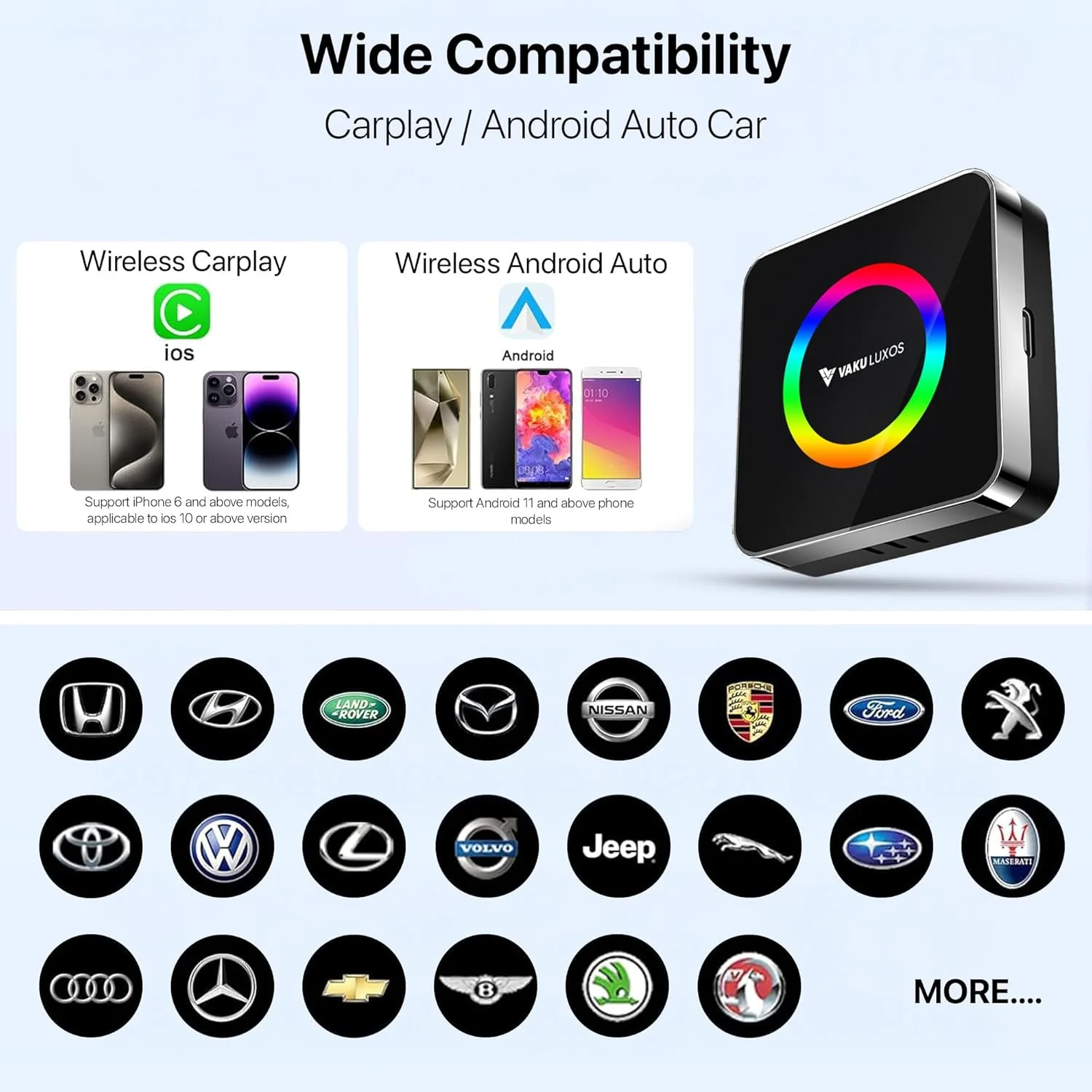 Vaku Luxos® AUTOGLIDE LED Wireless Apple CarPlay & Android Auto Adapter Video Streaming - Image 2