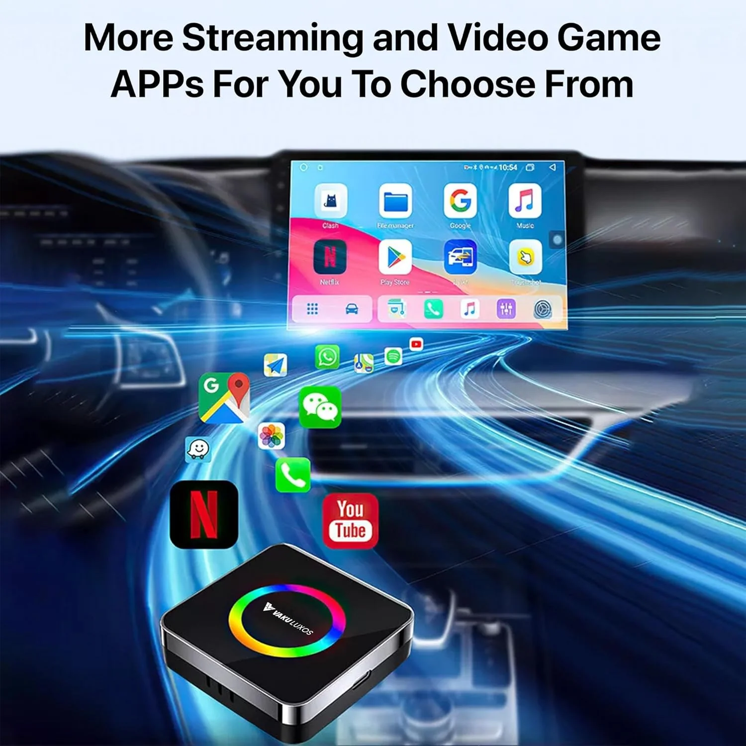 Vaku Luxos® AUTOGLIDE LED Wireless Apple CarPlay & Android Auto Adapter Video Streaming - Image 3