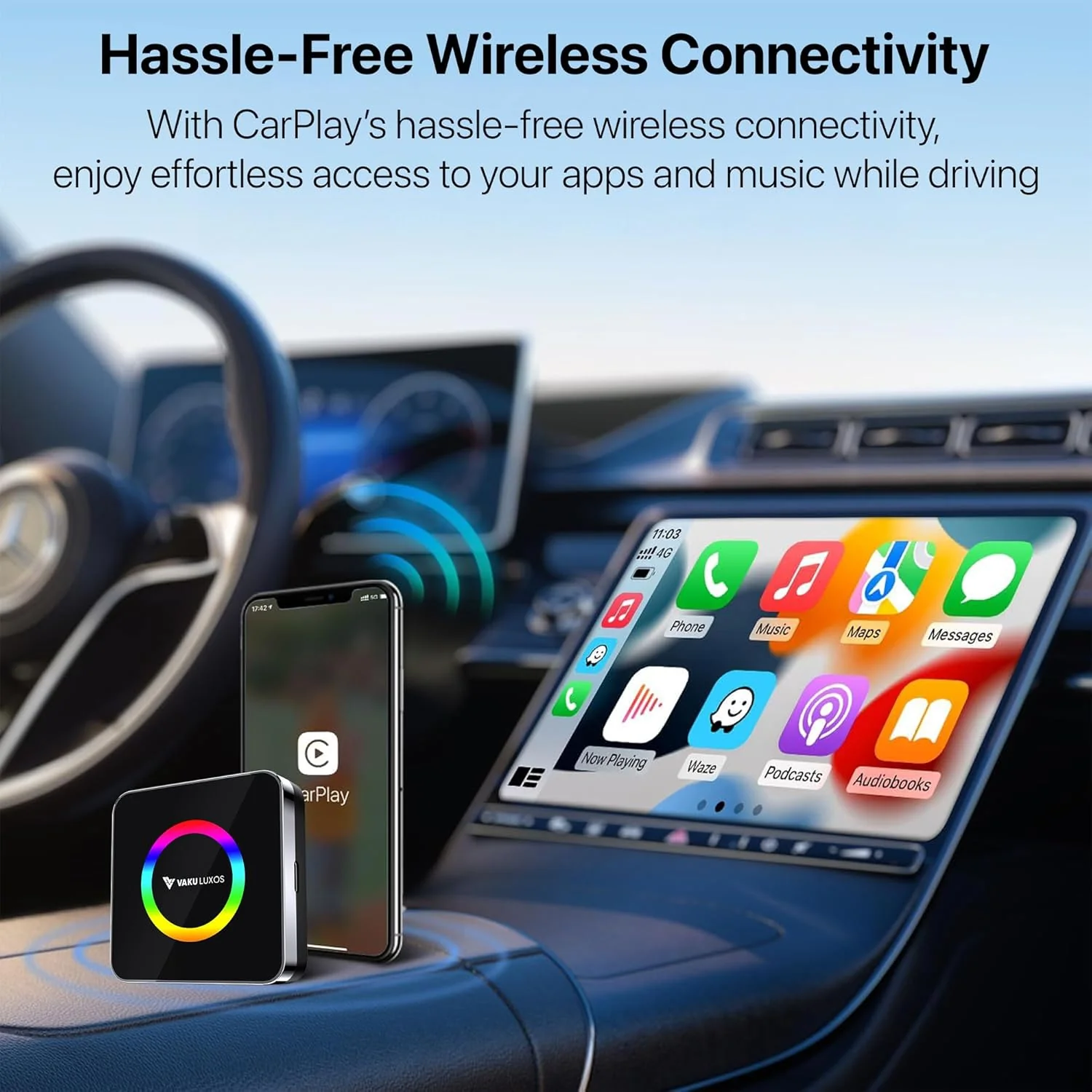 Vaku Luxos® AUTOGLIDE LED Wireless Apple CarPlay & Android Auto Adapter Video Streaming - Image 4