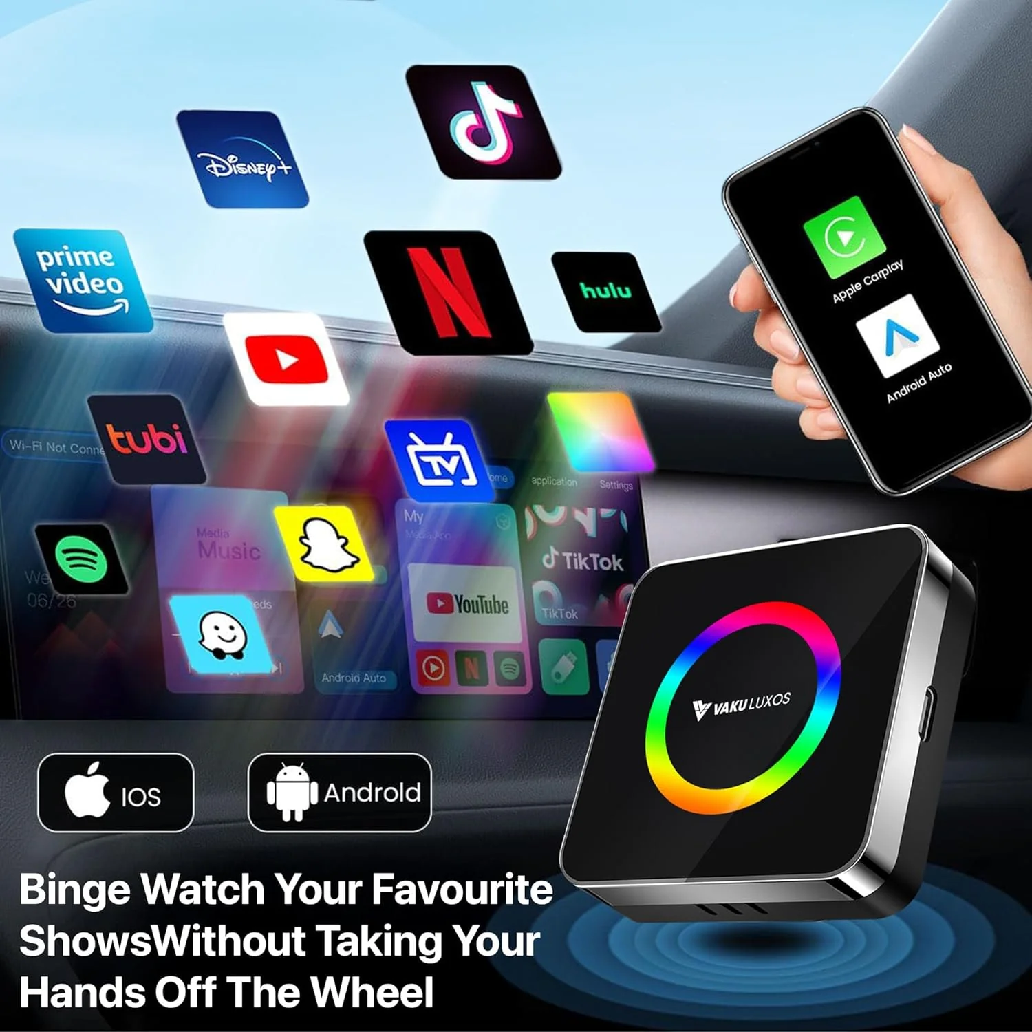 Vaku Luxos® AUTOGLIDE LED Wireless Apple CarPlay & Android Auto Adapter Video Streaming - Image 6