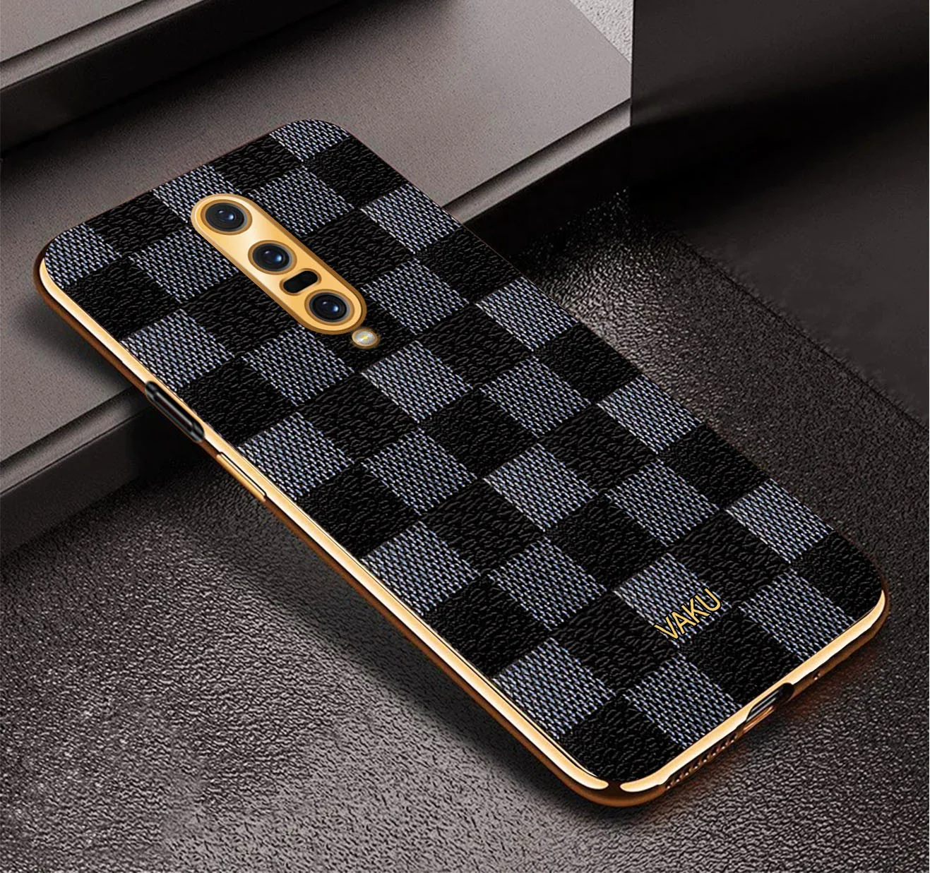 Vaku® OnePlus 7 Pro Cheron Series Leather Stitched Gold Electroplated Soft TPU Back Cover - Image 3