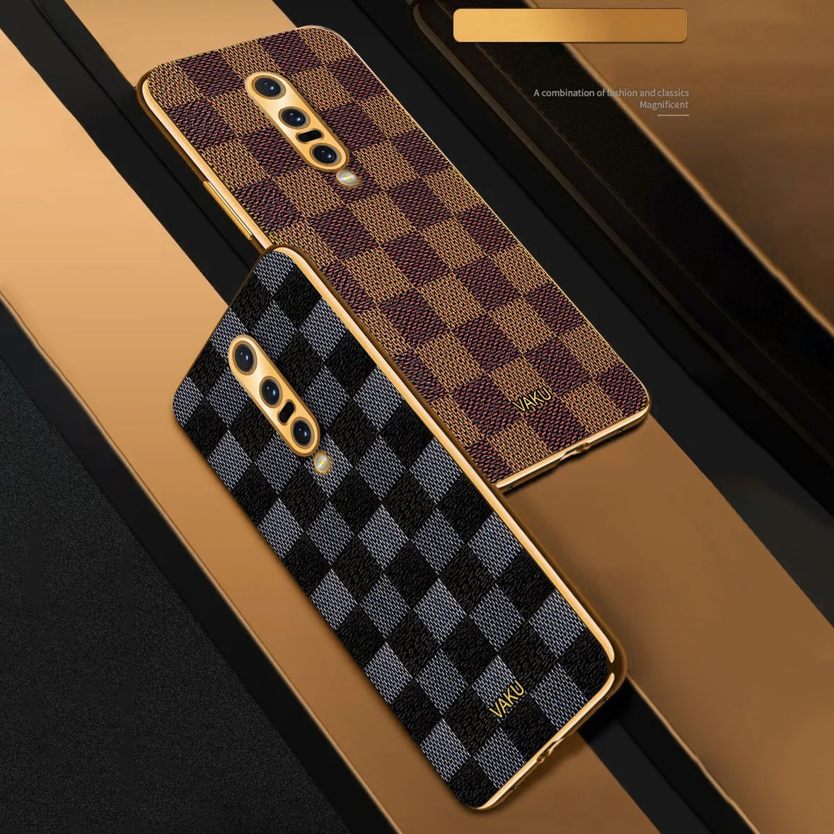 Vaku® OnePlus 7 Pro Cheron Series Leather Stitched Gold Electroplated Soft TPU Back Cover - Image 4